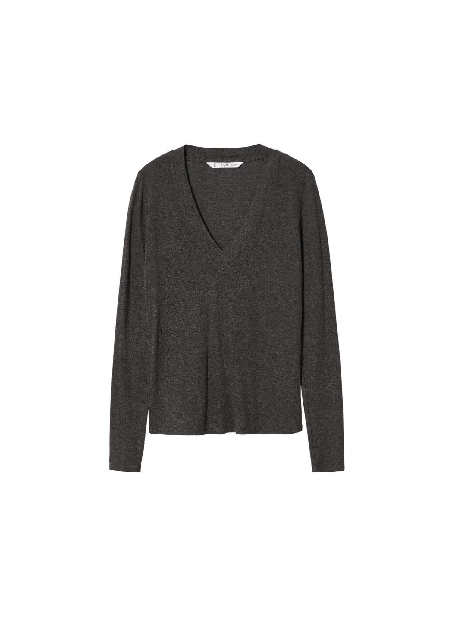Grey Long-Sleeved V-Neck T-Shirt, , large image number 6