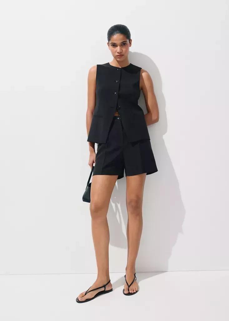 Black Waistcoat With Buttons And Pockets, , medium