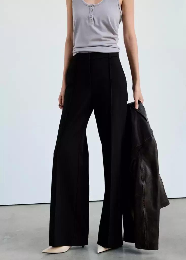 Black Flared Trousers With Seams, , large image number 1