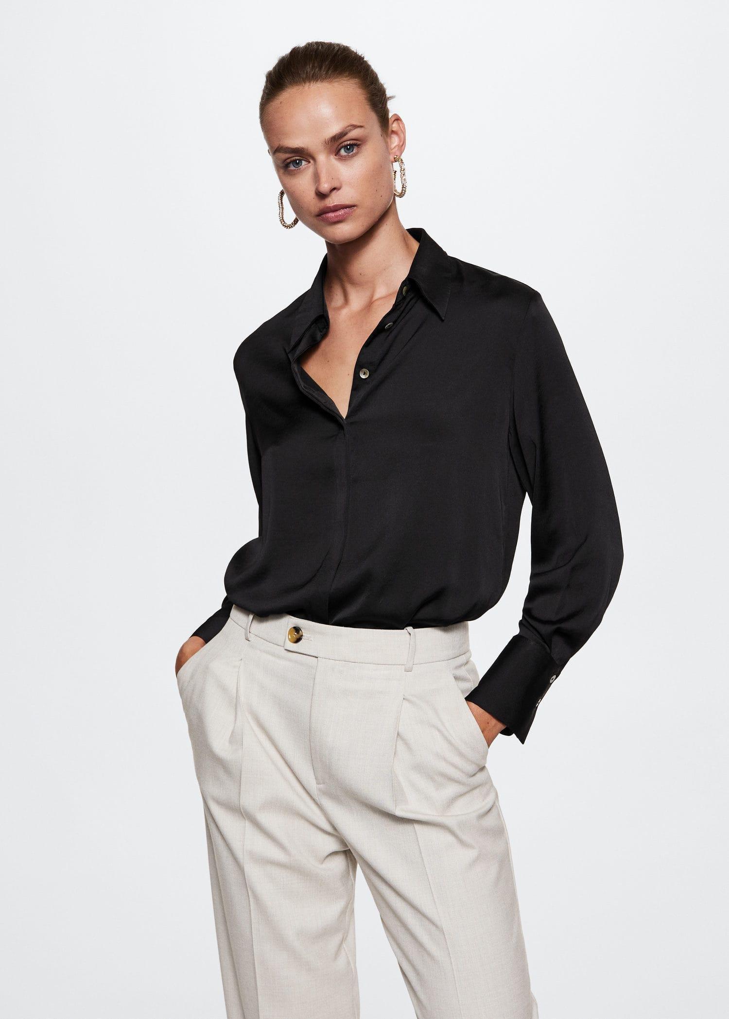 Black Satin Finish Flowy Shirt, , large image number 0