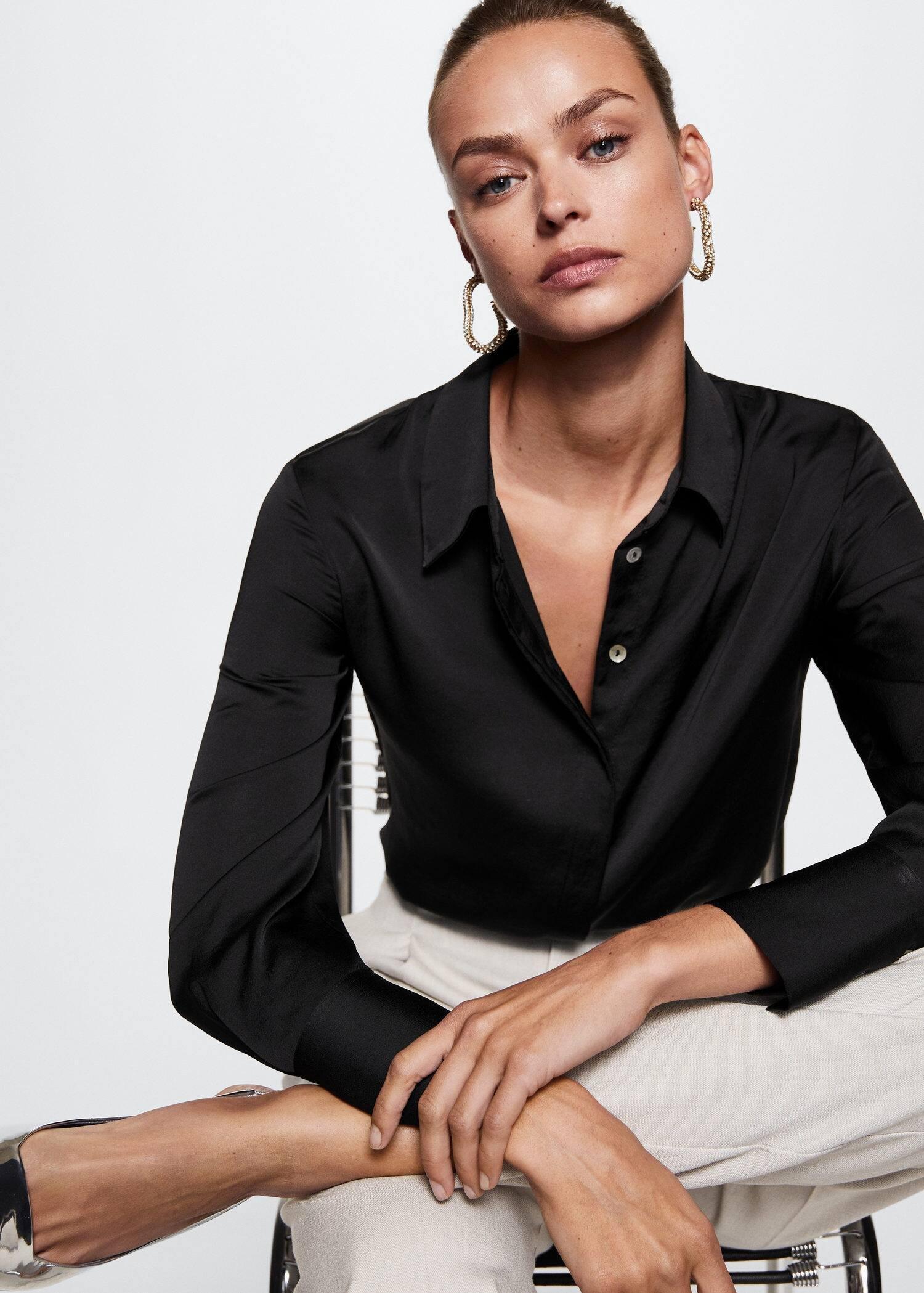 Black Satin Finish Flowy Shirt, , large image number 1
