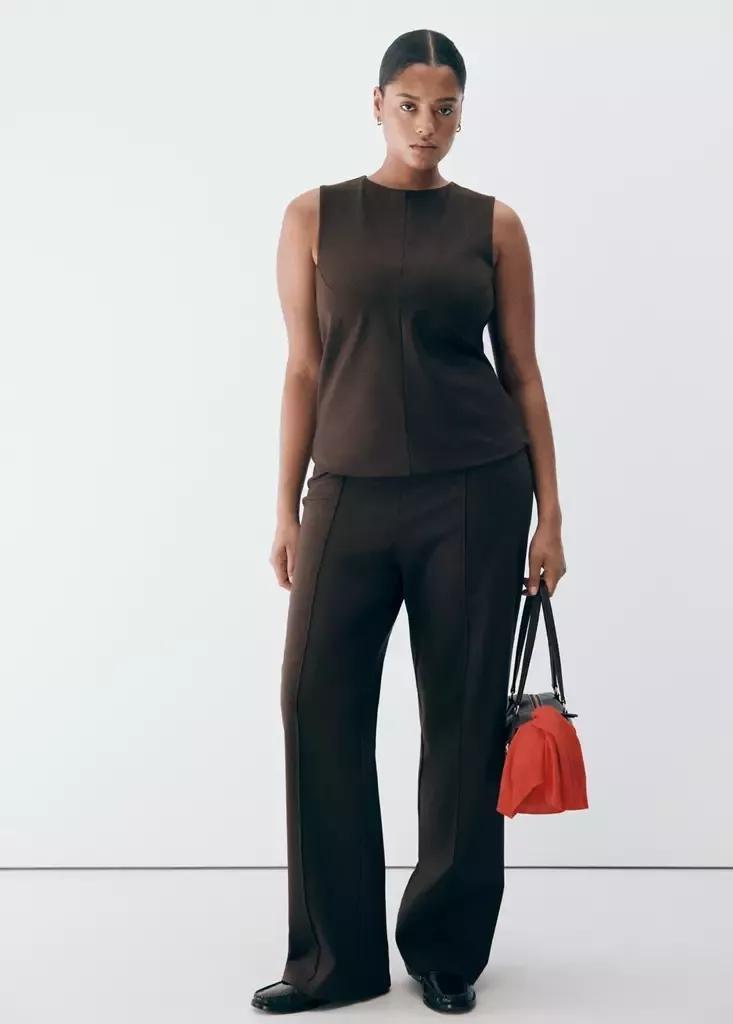 Brown Straight-Leg Trousers With Seam Detail, , large image number 8