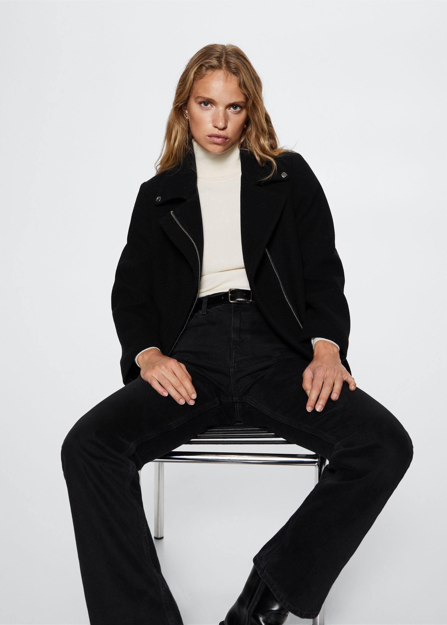 Black Wool Biker Coat, , large image number 1