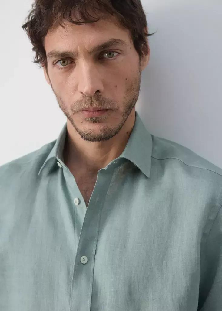 Bright Green Regular-Fit Linen Shirt, , large image number 3