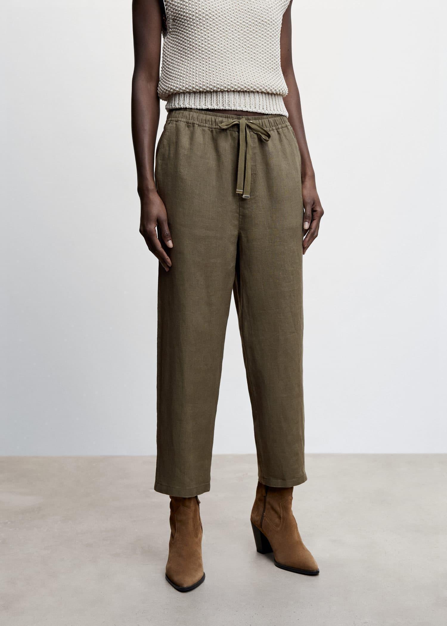 Khaki 100% Linen Trousers, , large image number 0
