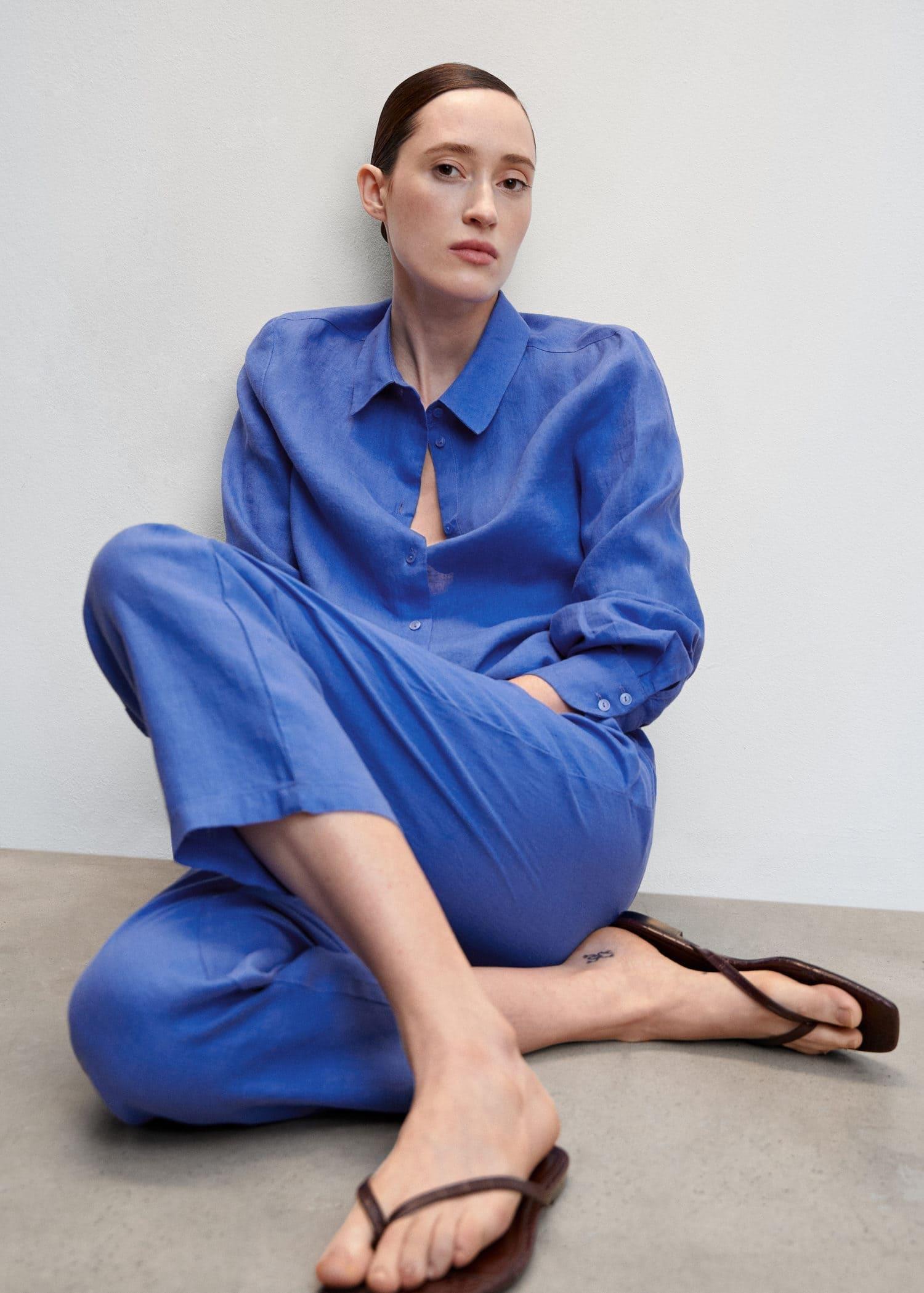 Blue 100% Linen Trousers, , large image number 3