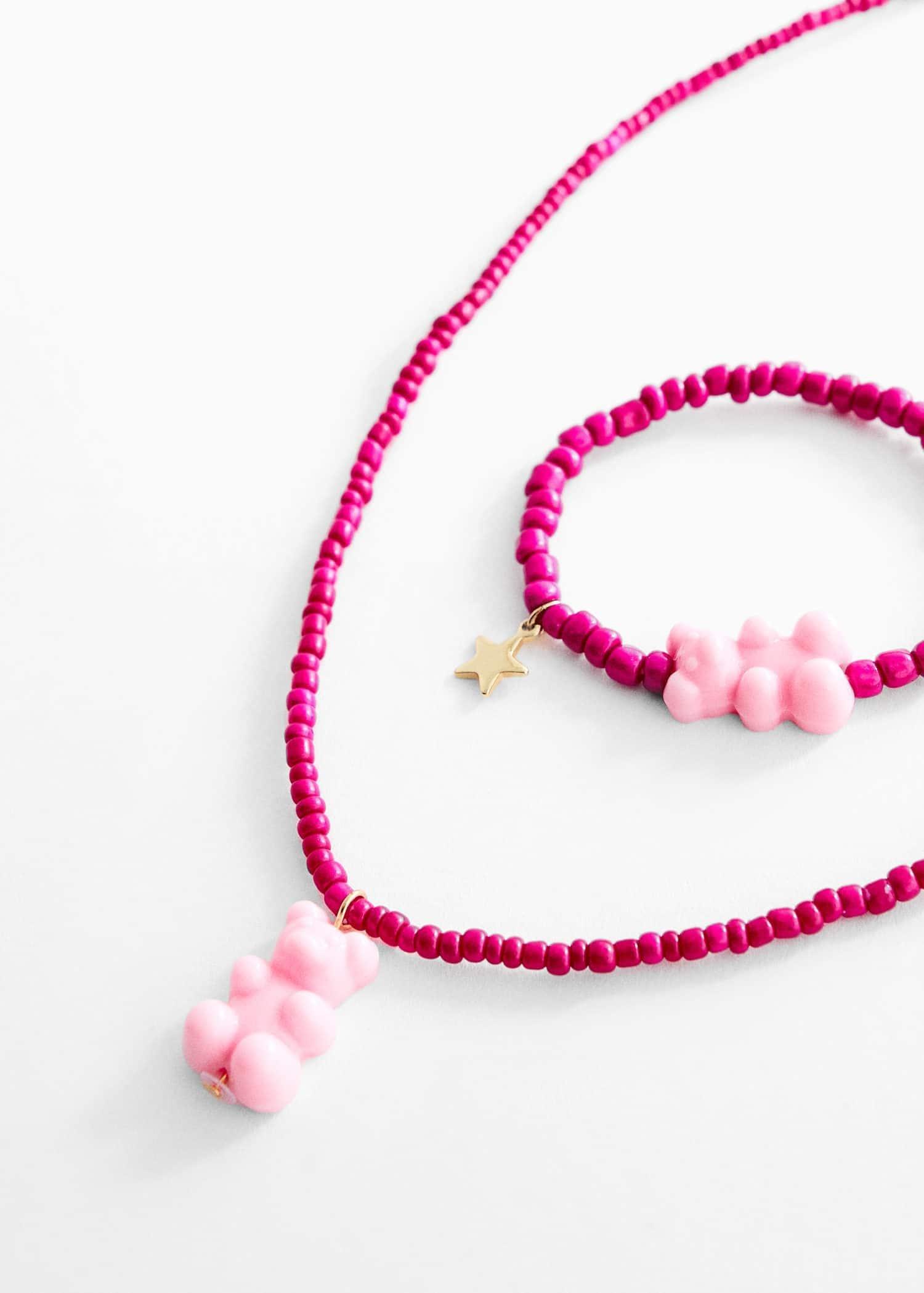 Pink Teddy Bear Necklace And Bracelet Set, Kids Girls, , large image number 1
