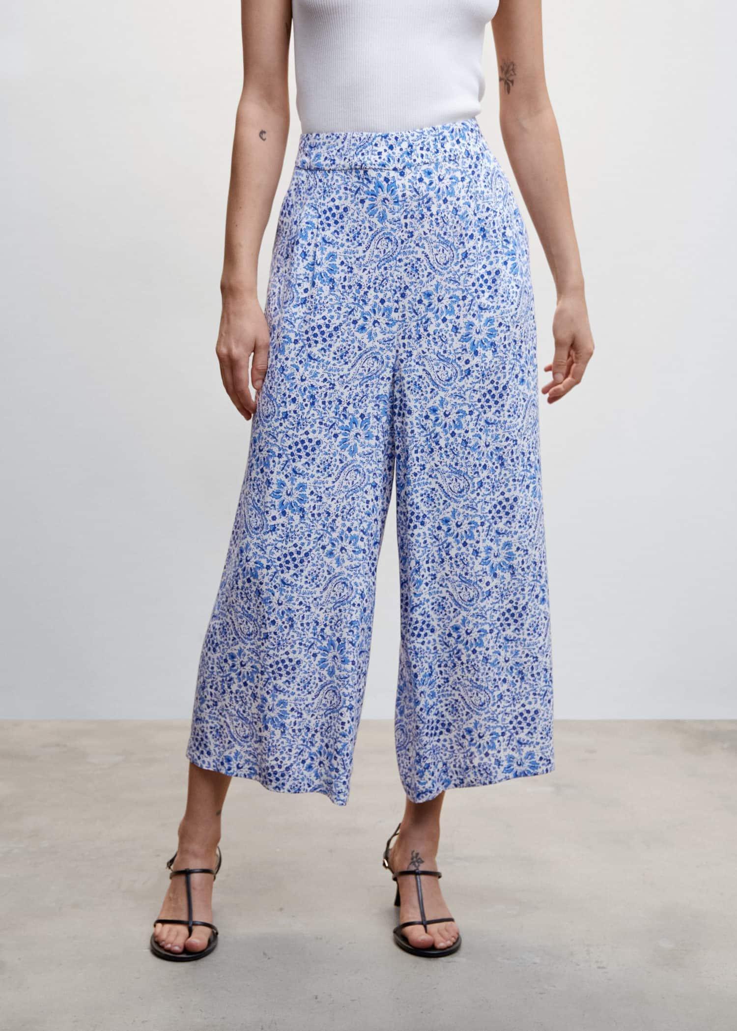 Blue Floral Print Culotte Trousers, , large image number 0