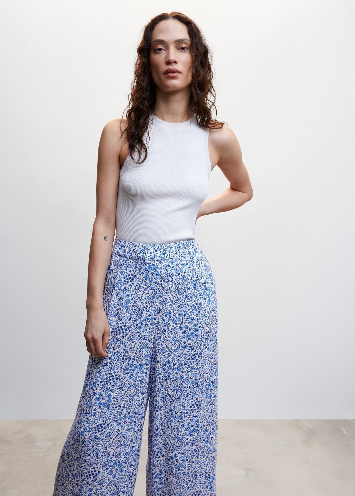 Blue Floral Print Culotte Trousers, , large image number 1
