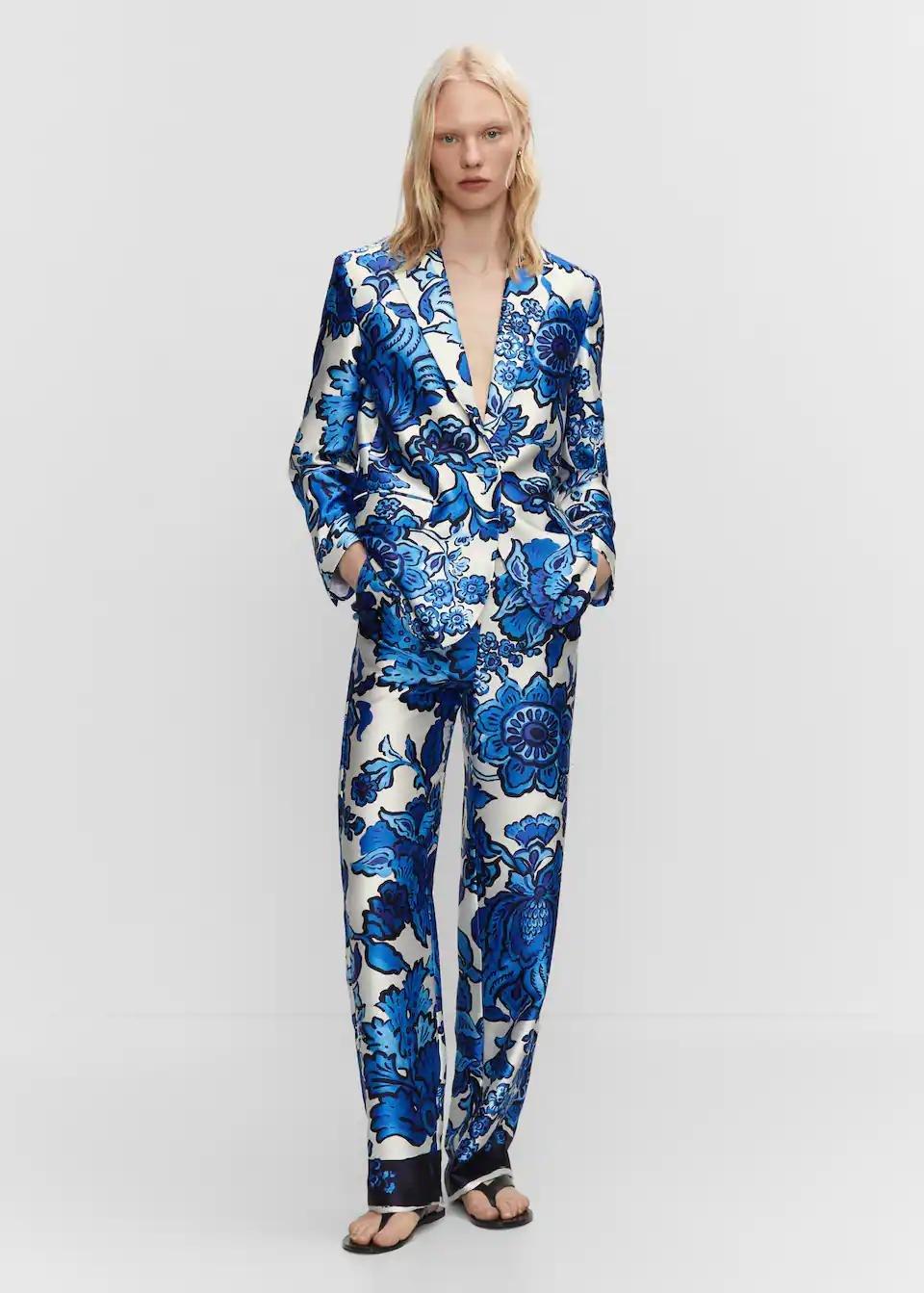 Blue Satin Printed Blazer, , large image number 0