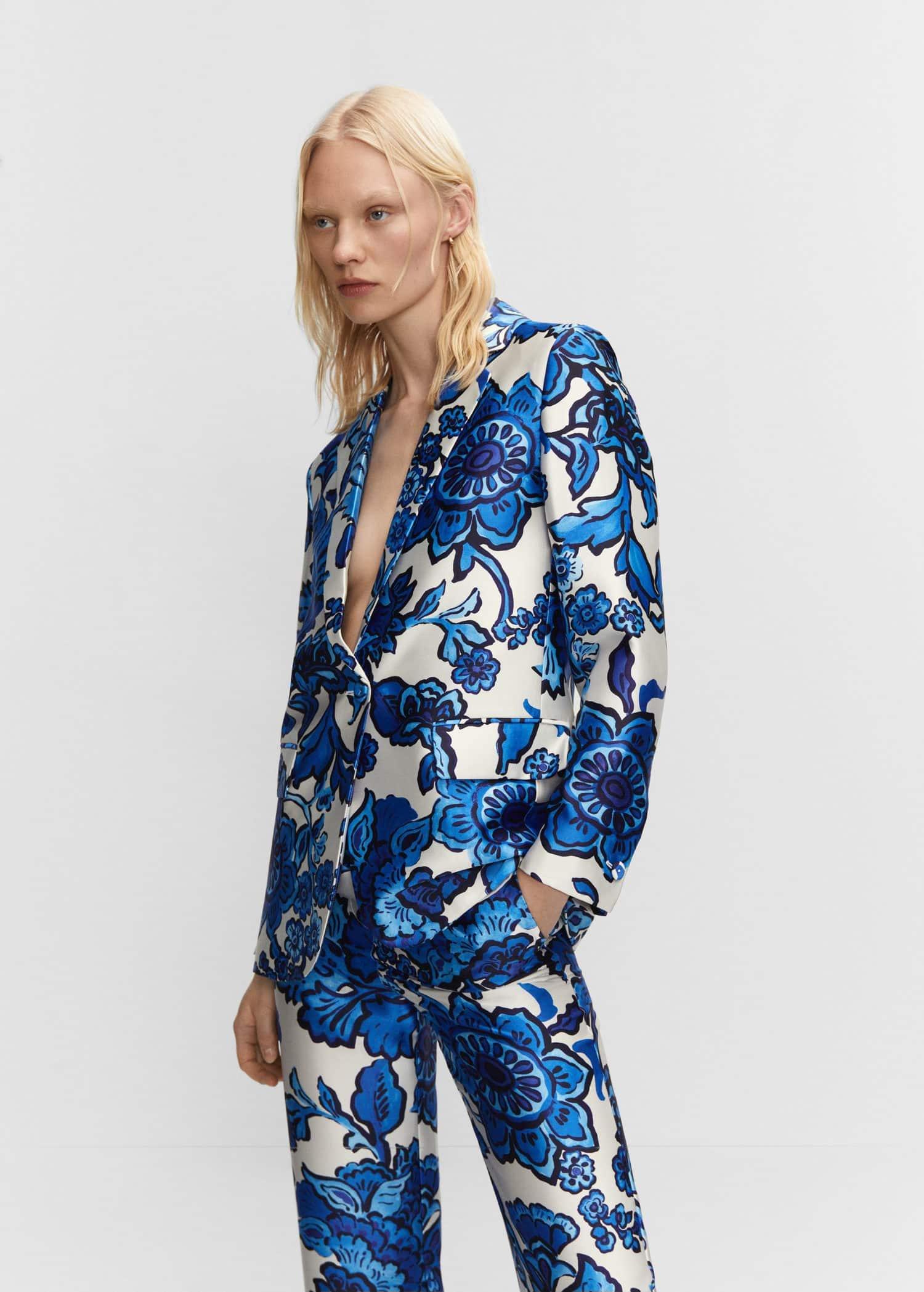 Blue Satin Printed Blazer, , large image number 1