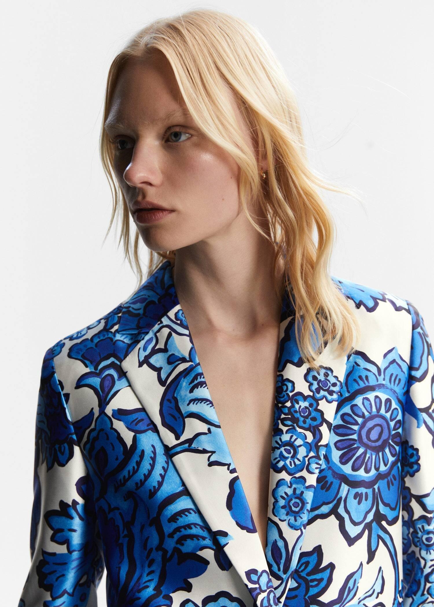 Blue Satin Printed Blazer, , large image number 2