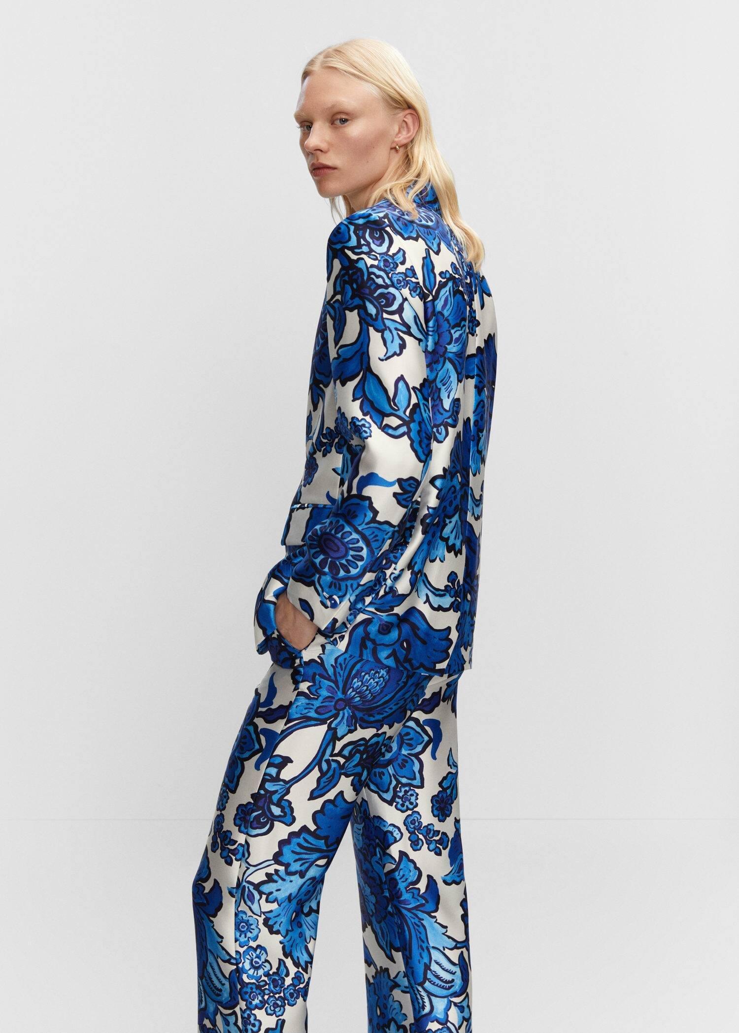 Blue Satin Printed Blazer, , large image number 3