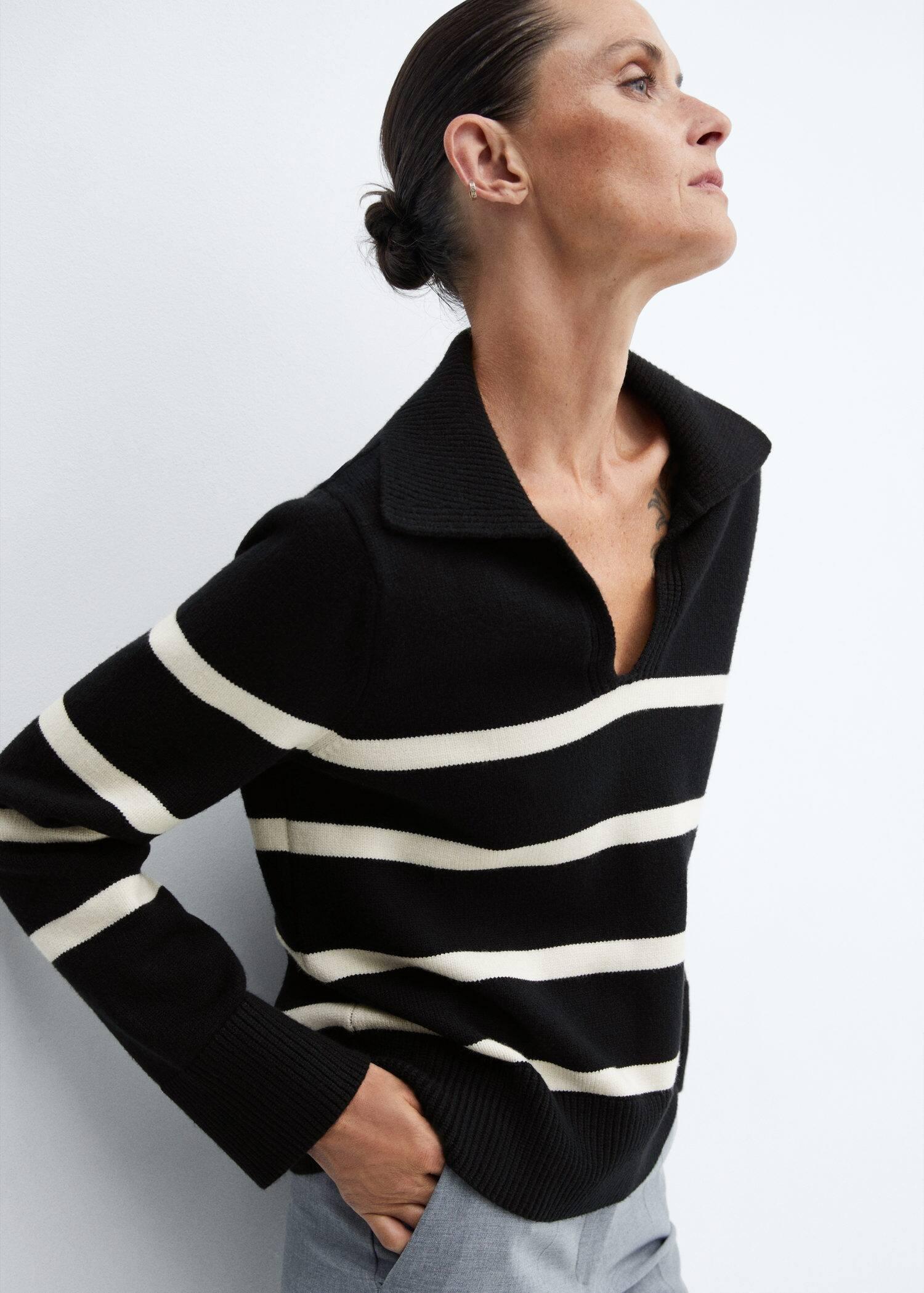 Black Striped Polo-Neck Sweater, , large image number 0