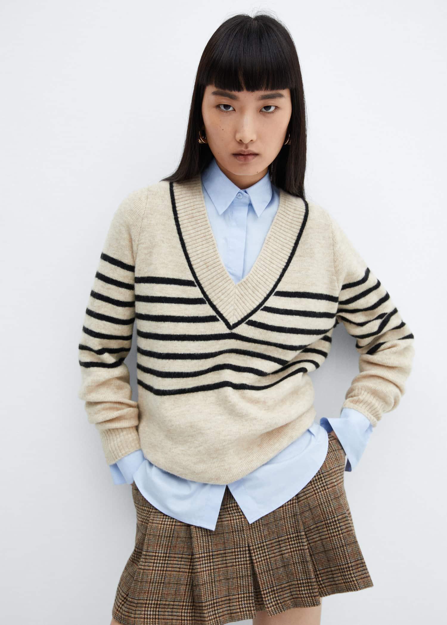 Brown V-Neck Striped Sweater, , large image number 0