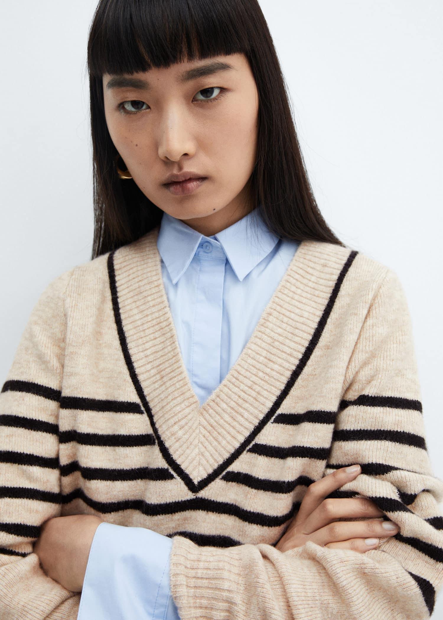 Brown V-Neck Striped Sweater, , large image number 1