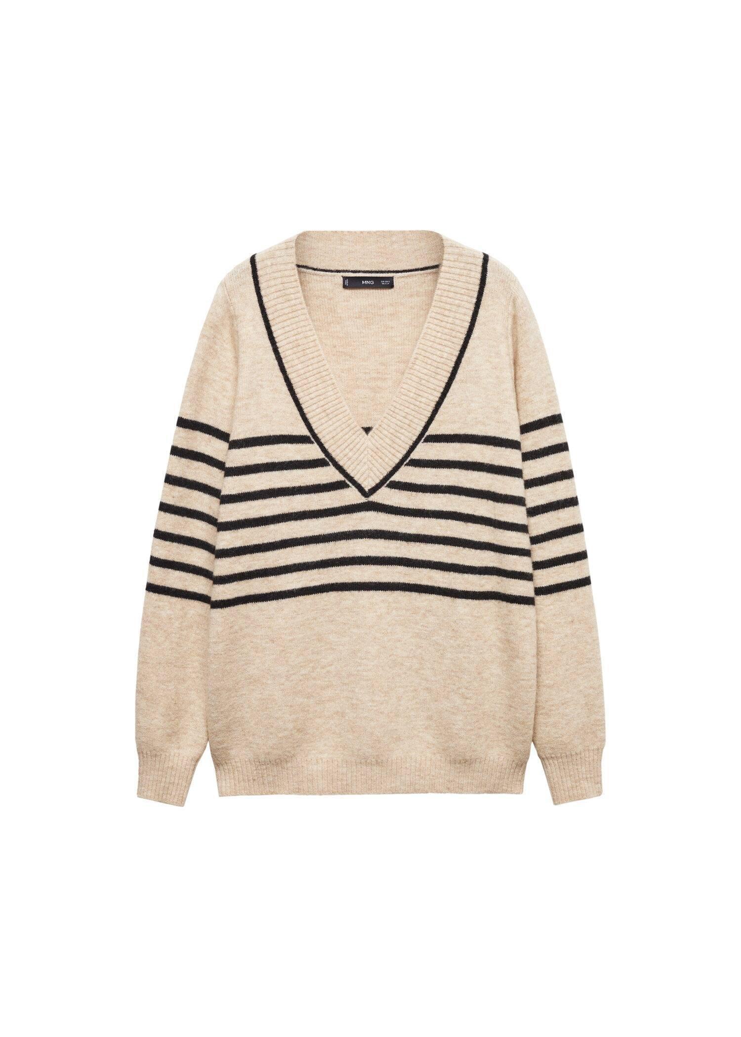 Brown V-Neck Striped Sweater, , large image number 3