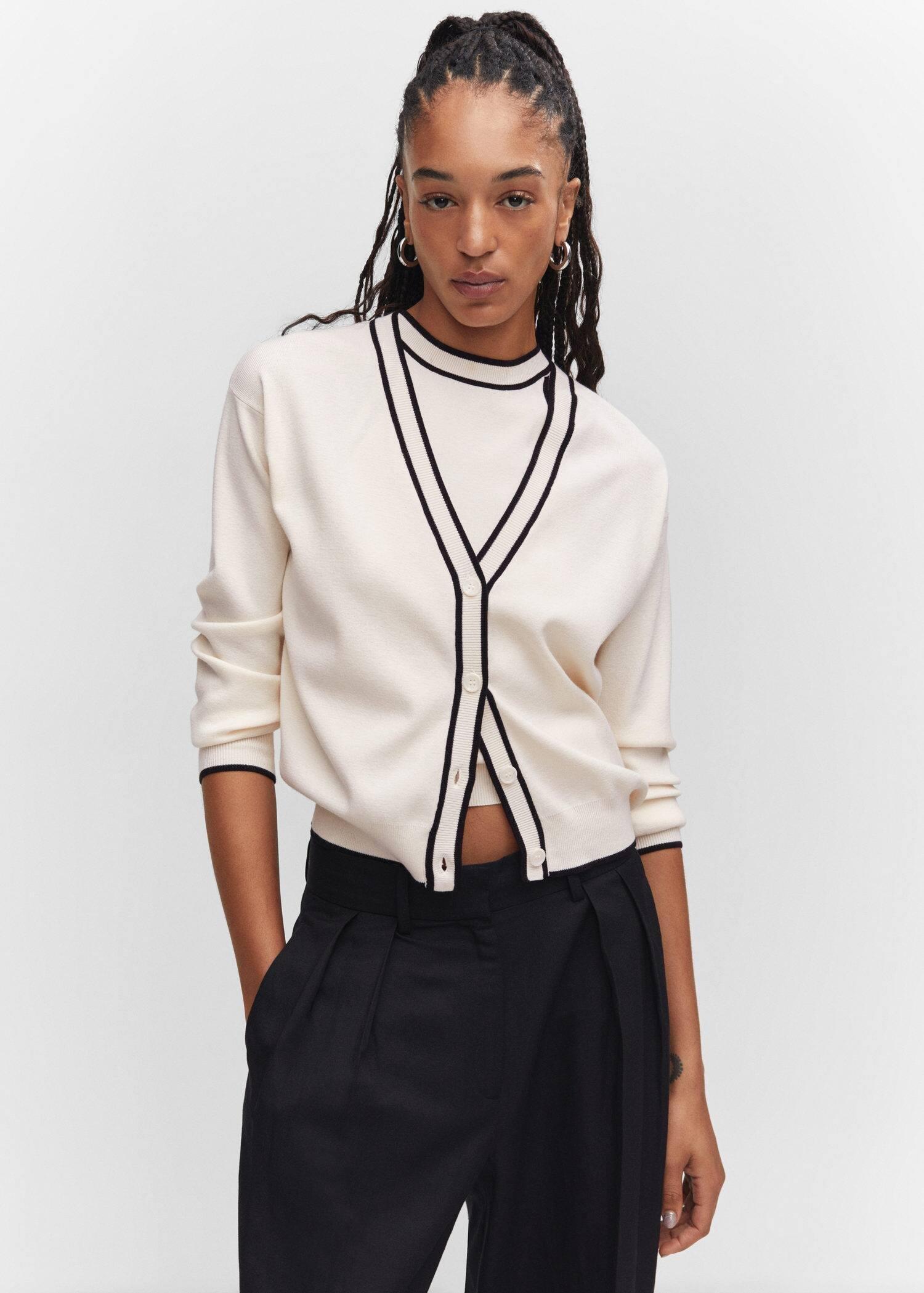 Beige Contrast Detail Knitted Cardigan, , large image number 0