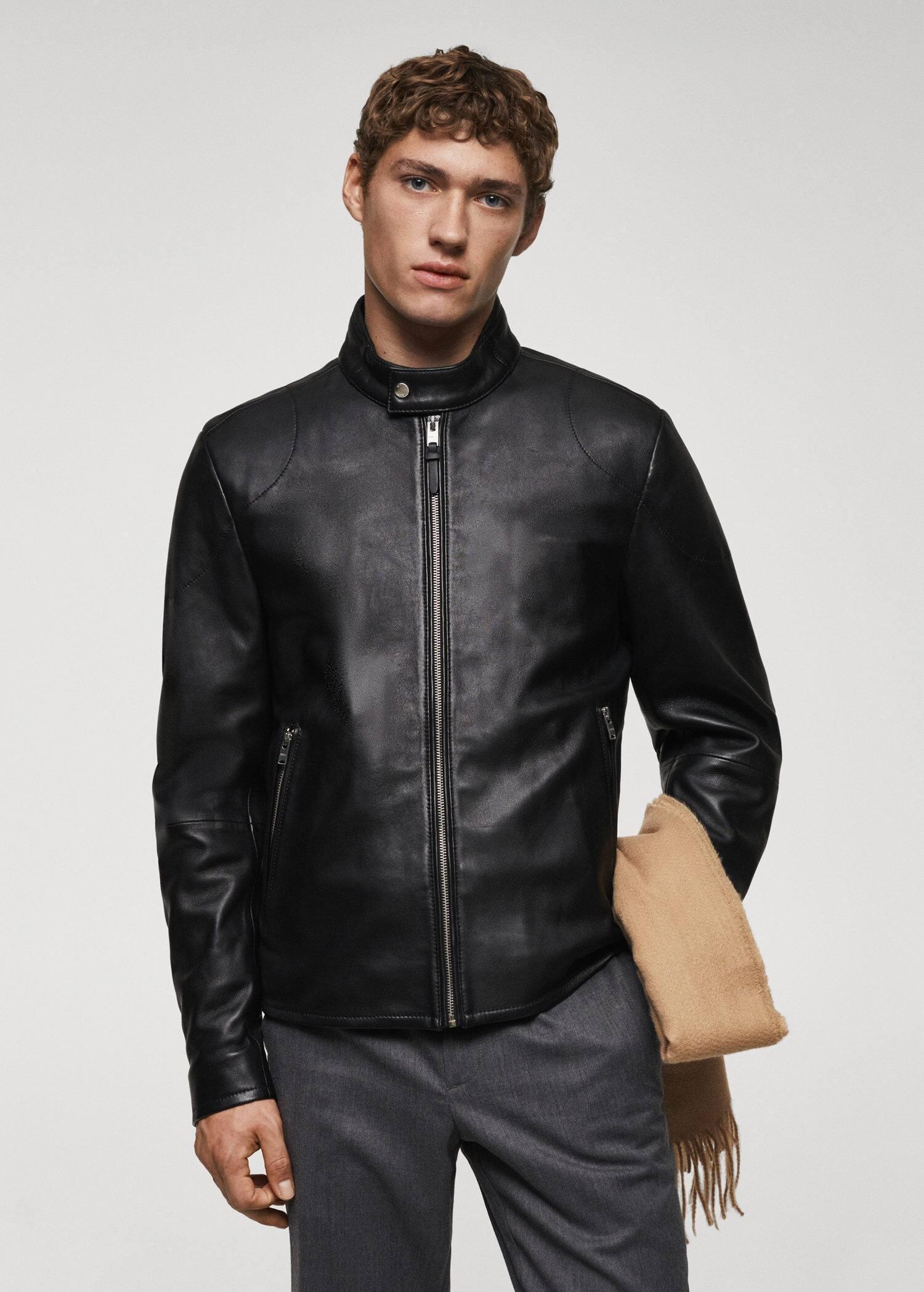 Black Zip-Detail Leather Biker Jacket, , large image number 0