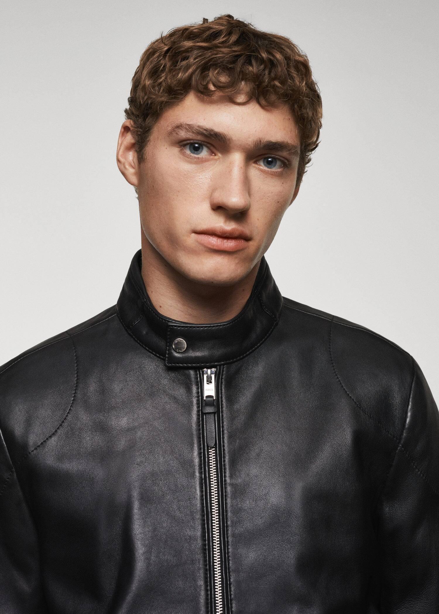 Black Zip-Detail Leather Biker Jacket, , large image number 1