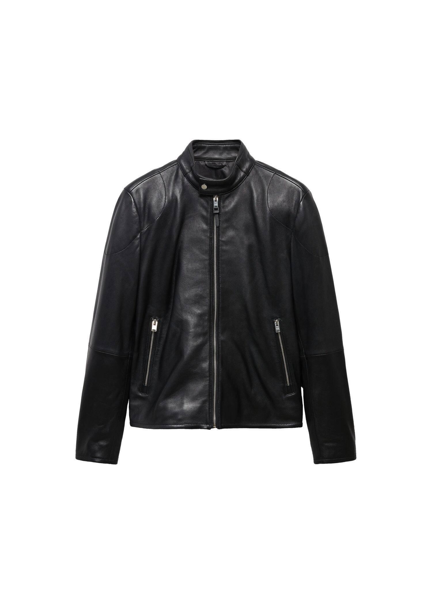 Black Zip-Detail Leather Biker Jacket, , large image number 3