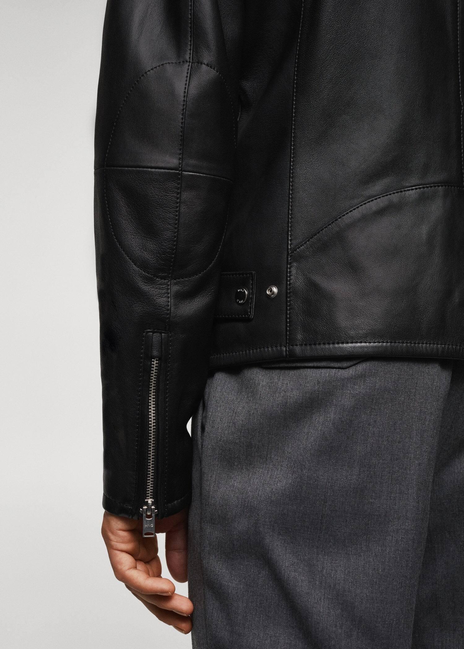 Black Zip-Detail Leather Biker Jacket, , large image number 4