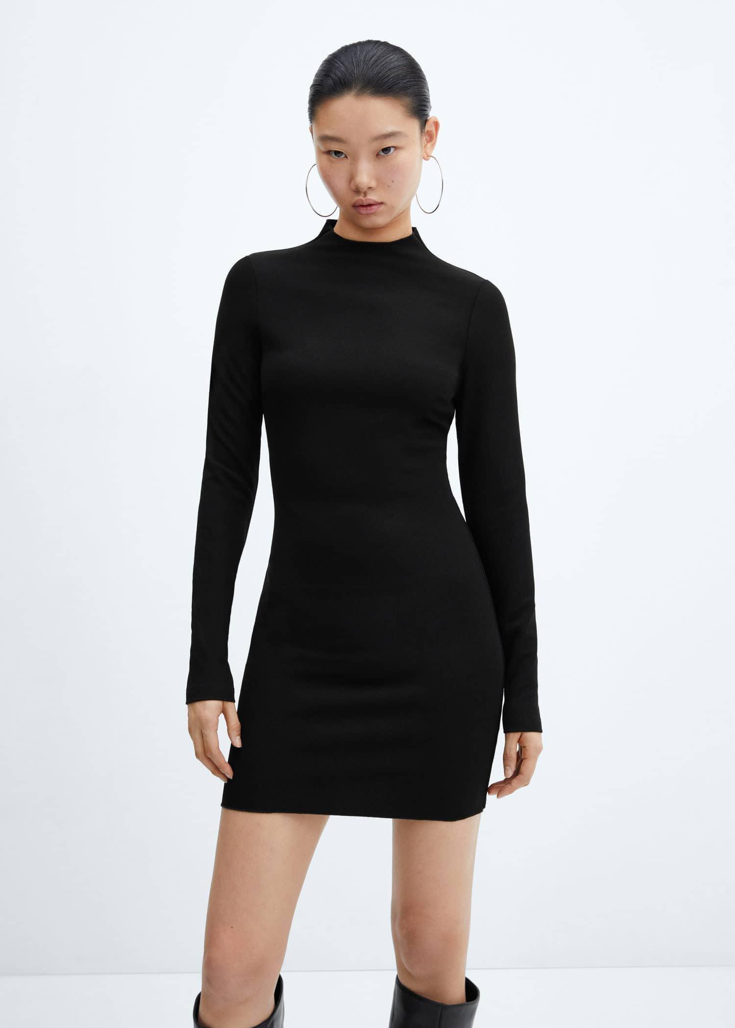 Black Fitted Turtleneck Dress, , large image number 0