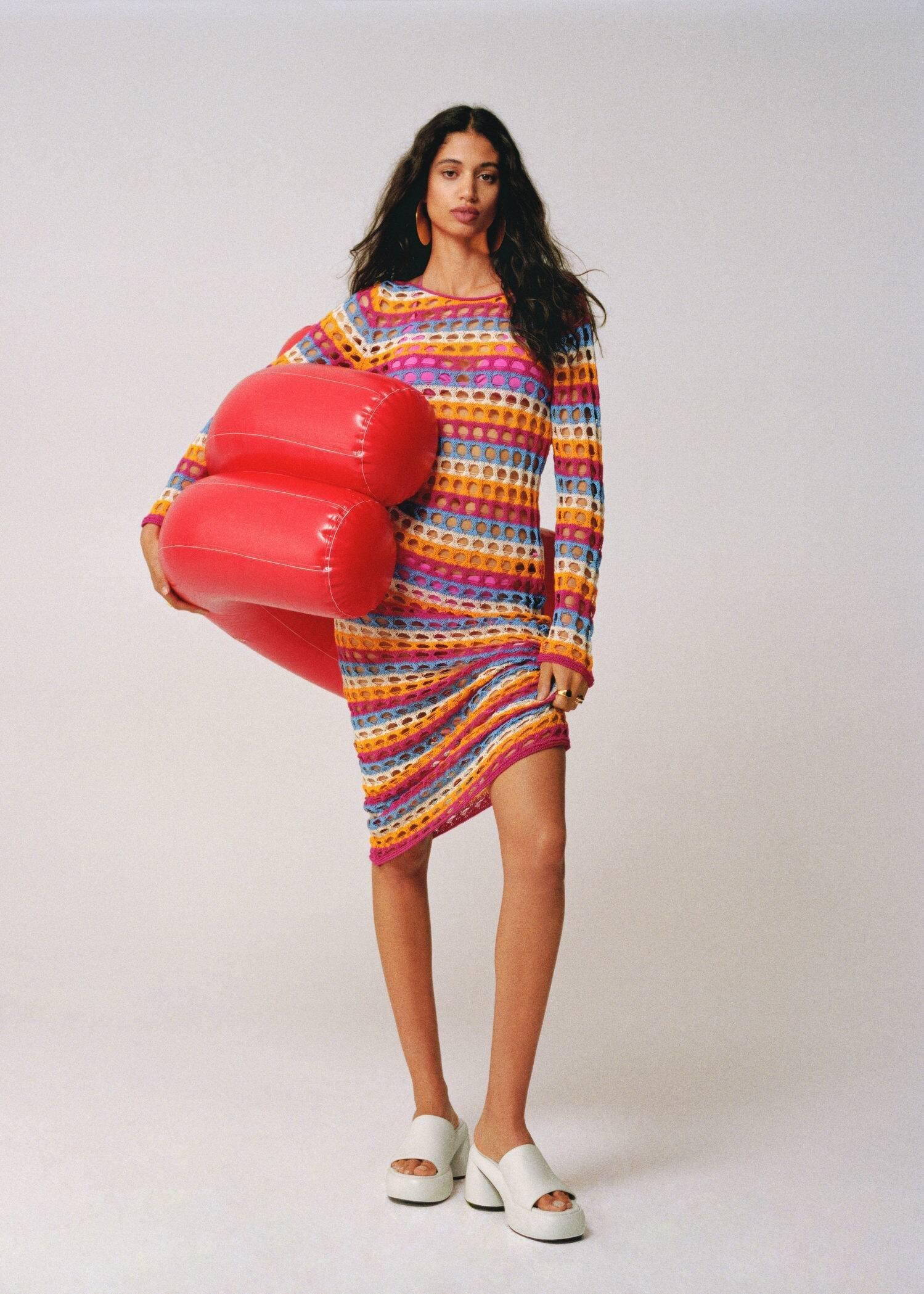 Orange Multi-Coloured Crochet Dress, , large image number 4