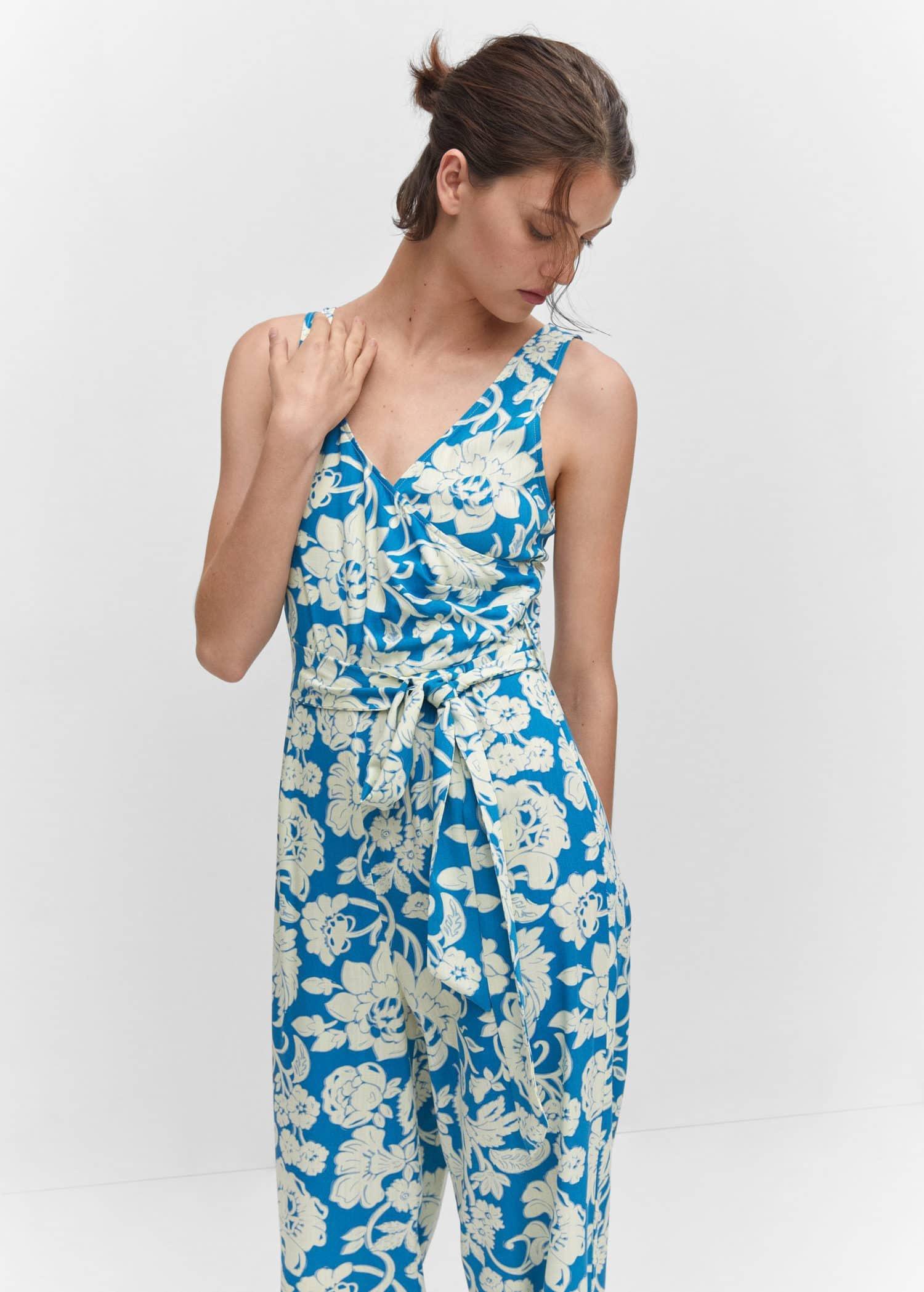 Blue Floral Wrap Jumpsuit, , large image number 0