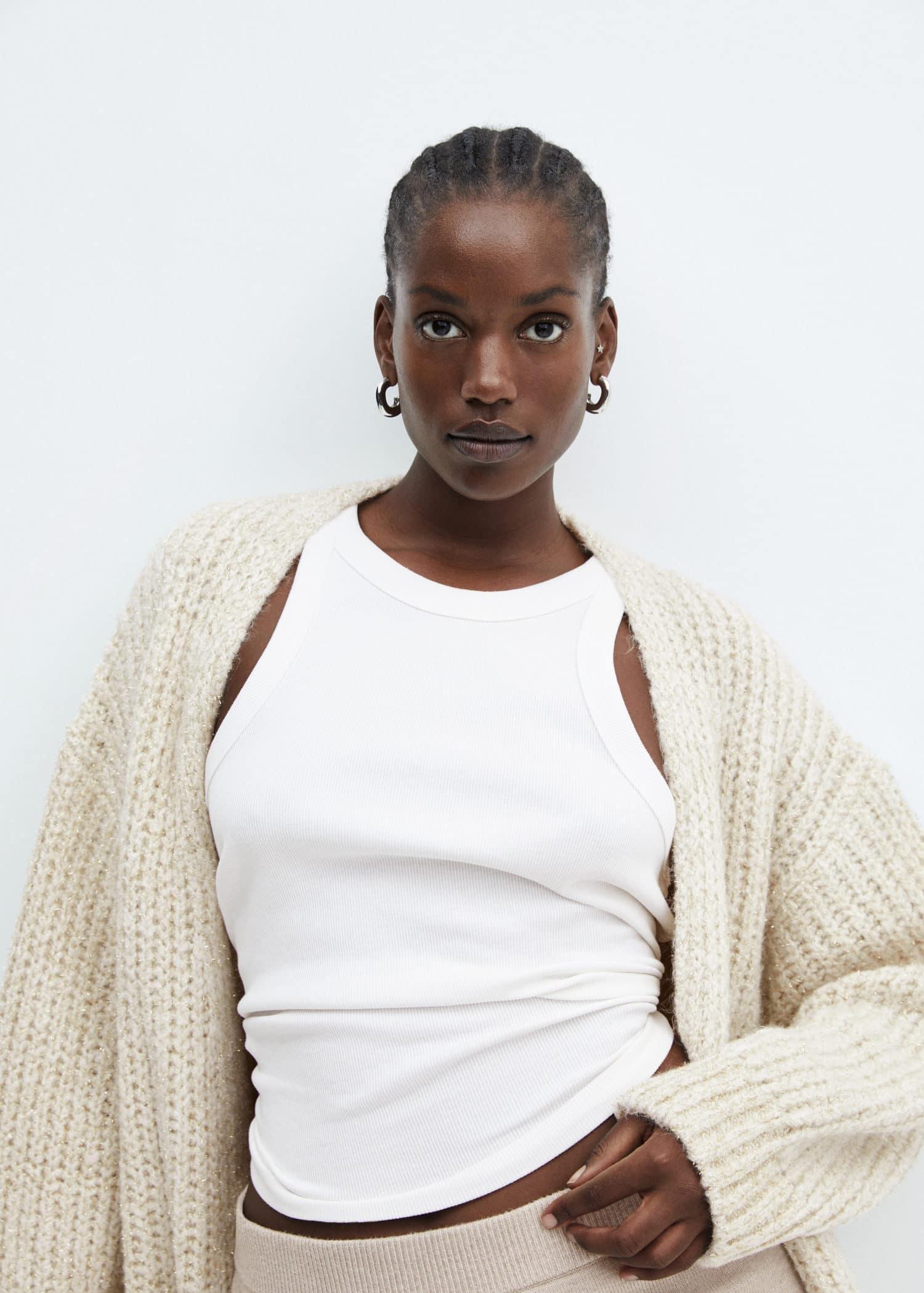 Beige Lurex Chunky-Knit Cardigan, , large image number 4