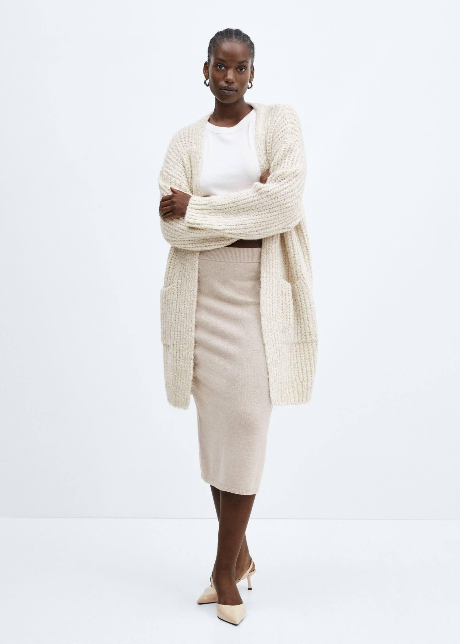 Beige Lurex Chunky-Knit Cardigan, , large image number 5