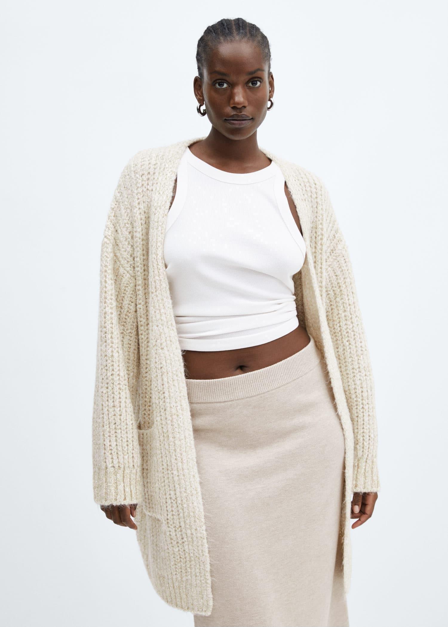 Beige Lurex Chunky-Knit Cardigan, , large image number 8