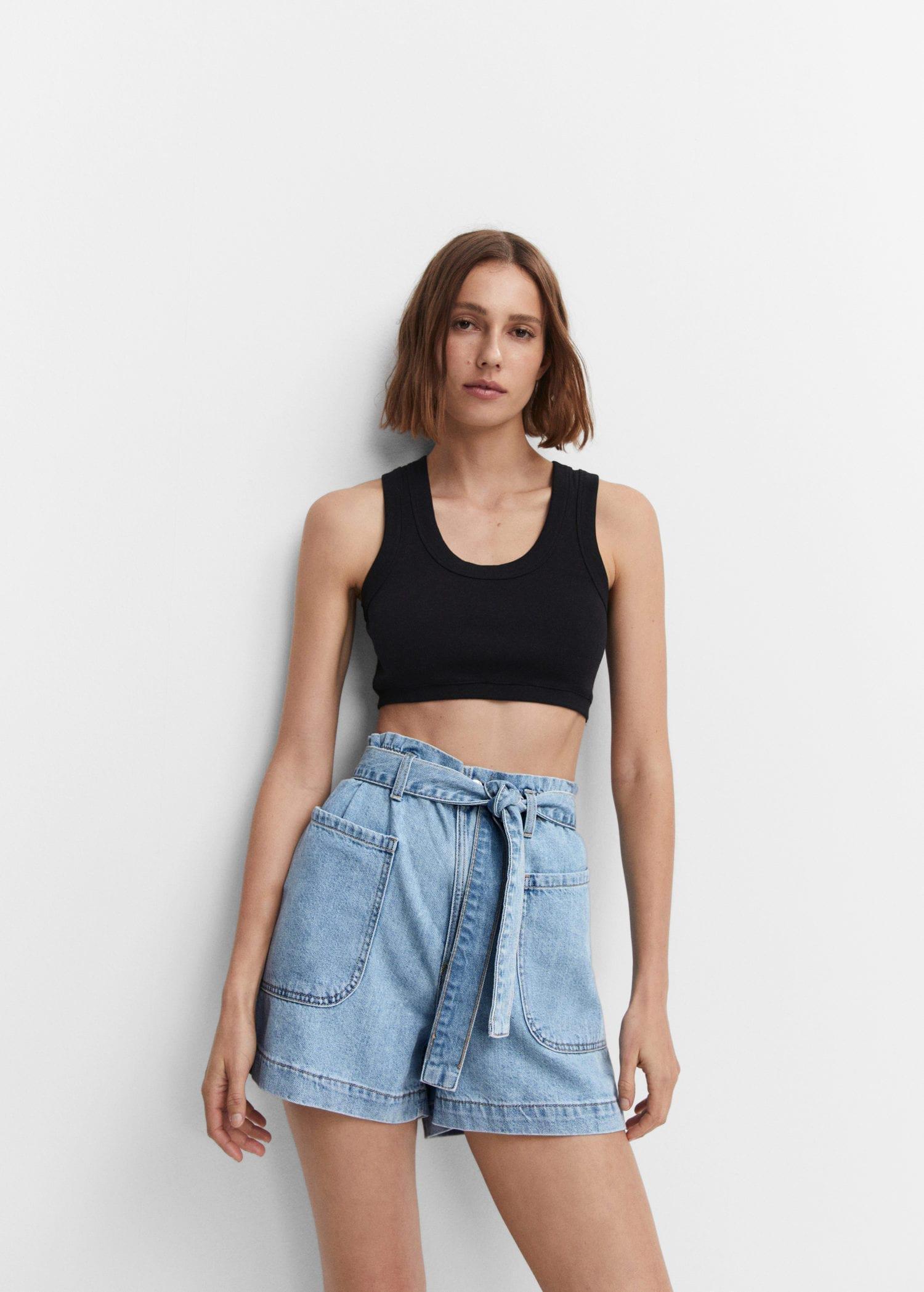 Paper Bag Belted Jean Shorts Blue