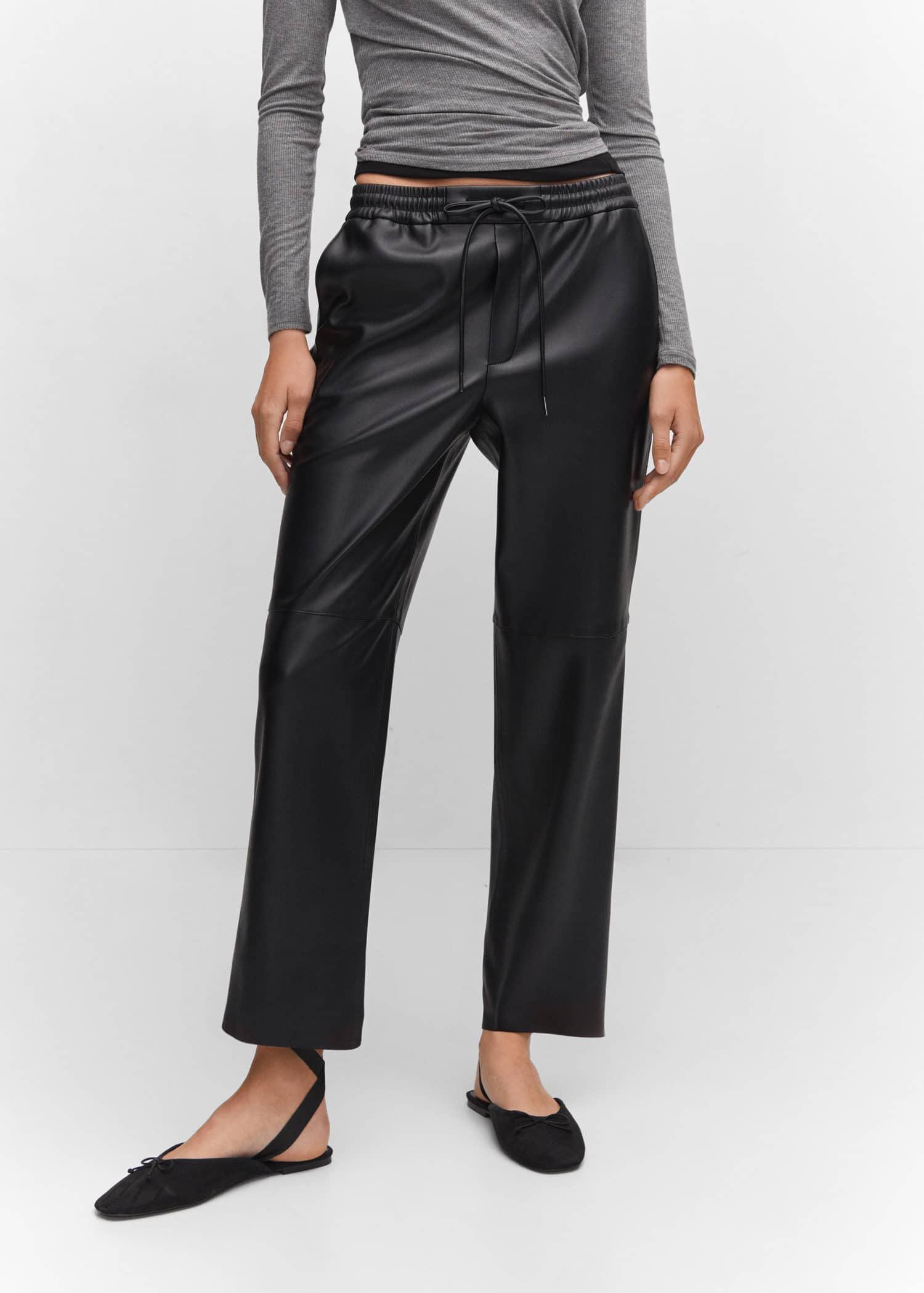 Black Leather-Effect Elastic Waist Trousers, , large image number 0