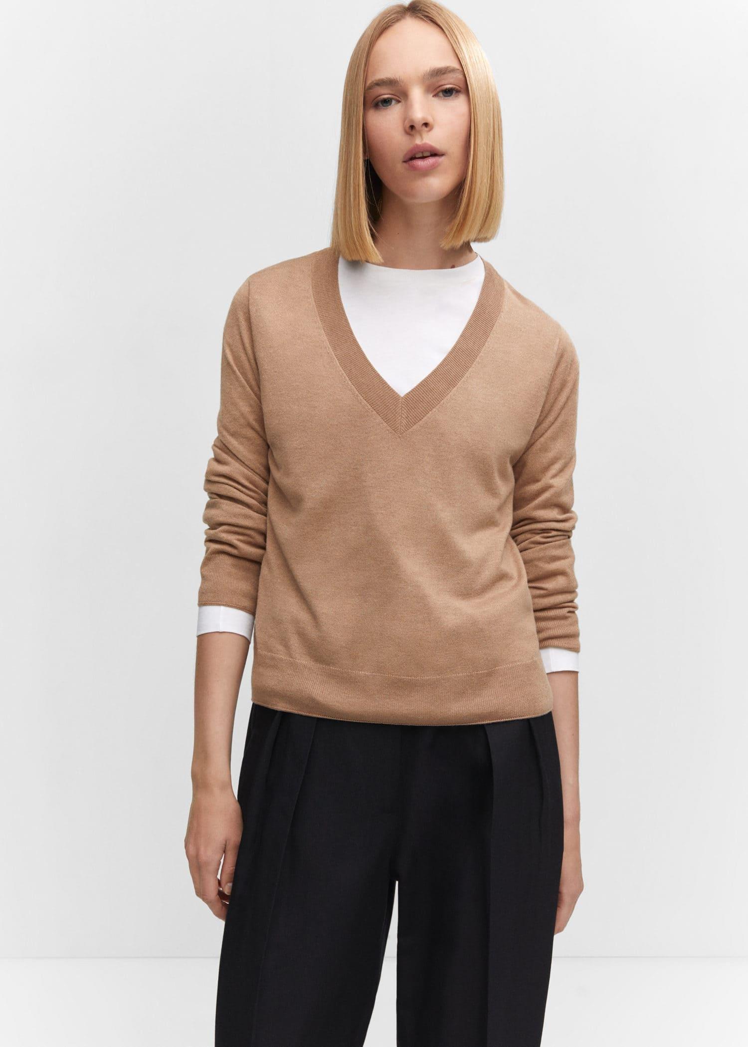 Brown Fine-Knit V-Neck Sweater, , large image number 0