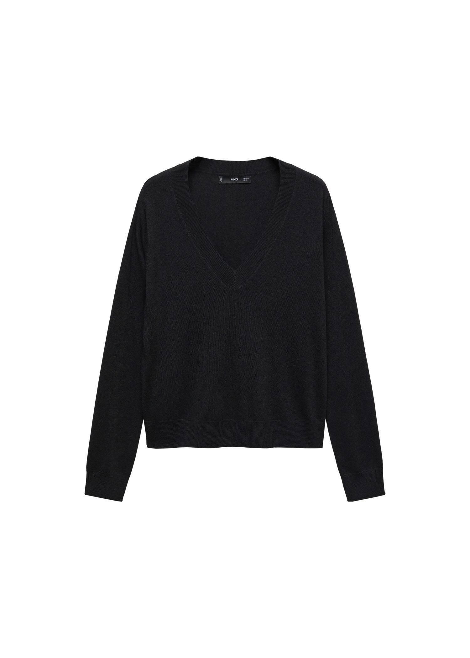 Black Fine-Knit V-Neck Sweater, , large image number 3