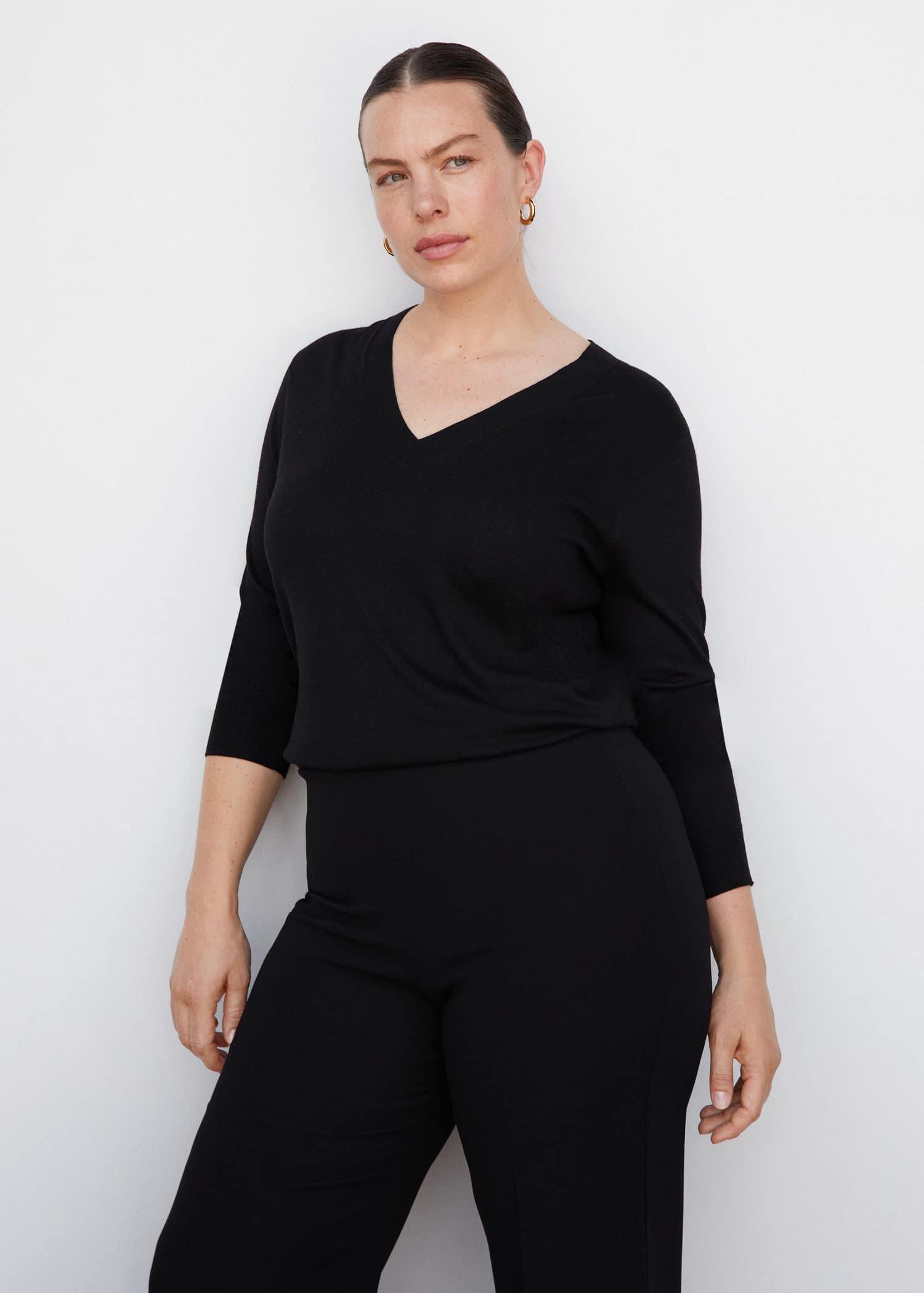 Black Fine-Knit V-Neck Sweater, , large image number 6