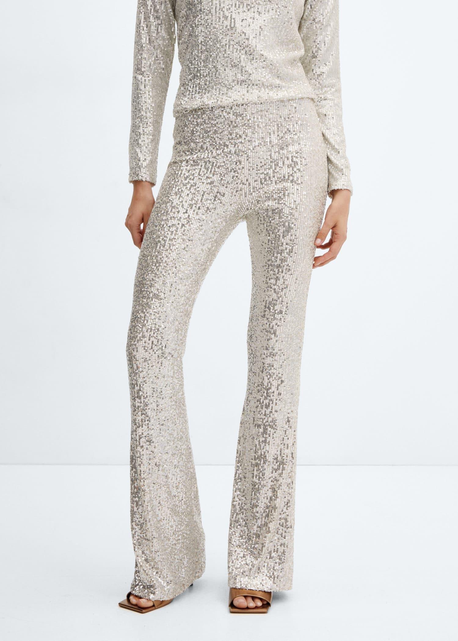 Beige Sequin Flared Trousers, , large image number 0