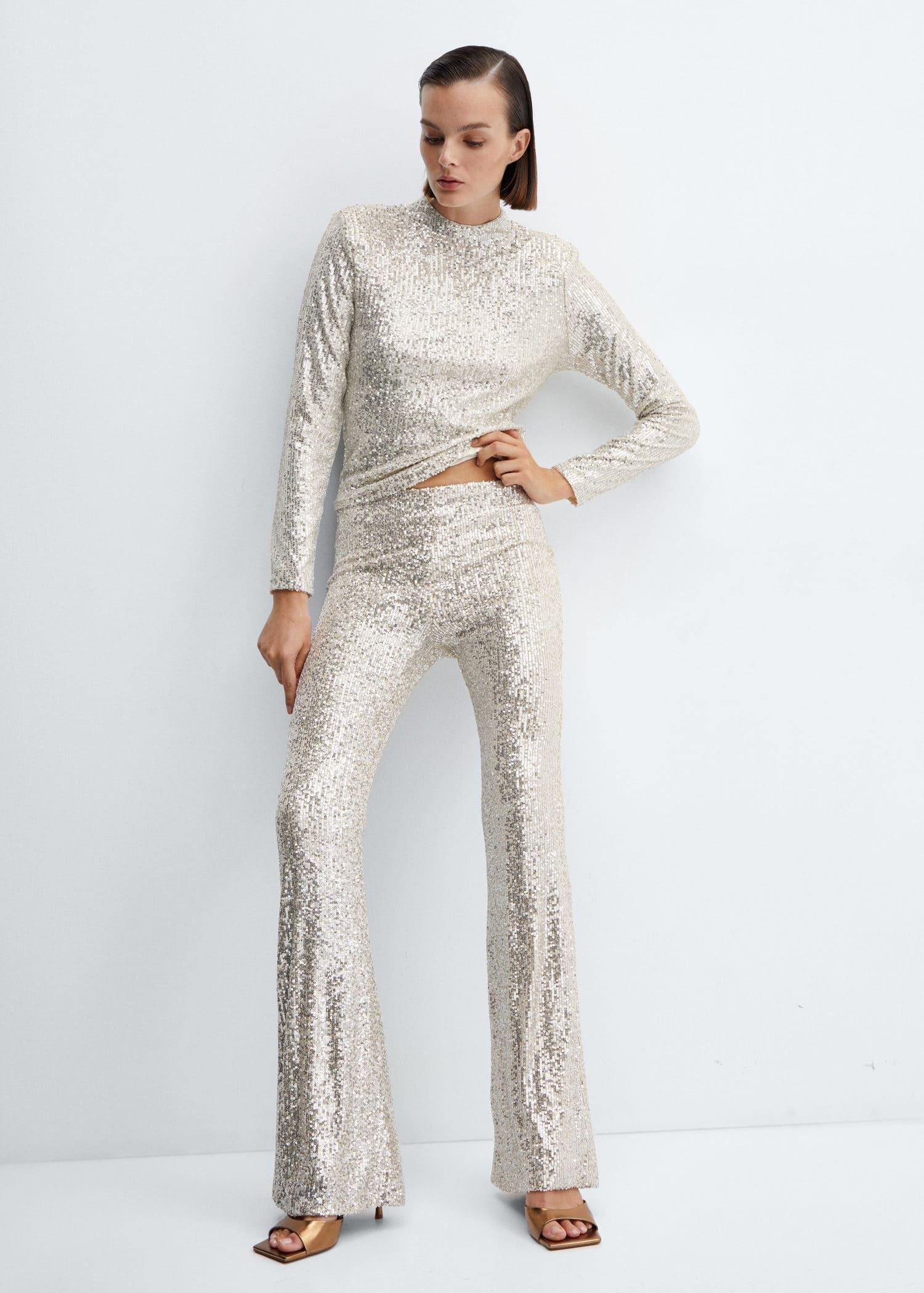 Beige Sequin Flared Trousers, , large image number 2