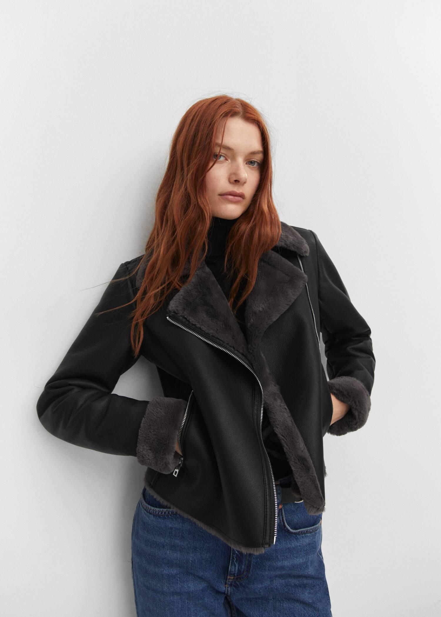 Black Faux Shearling-Lined Jacket, , large image number 2