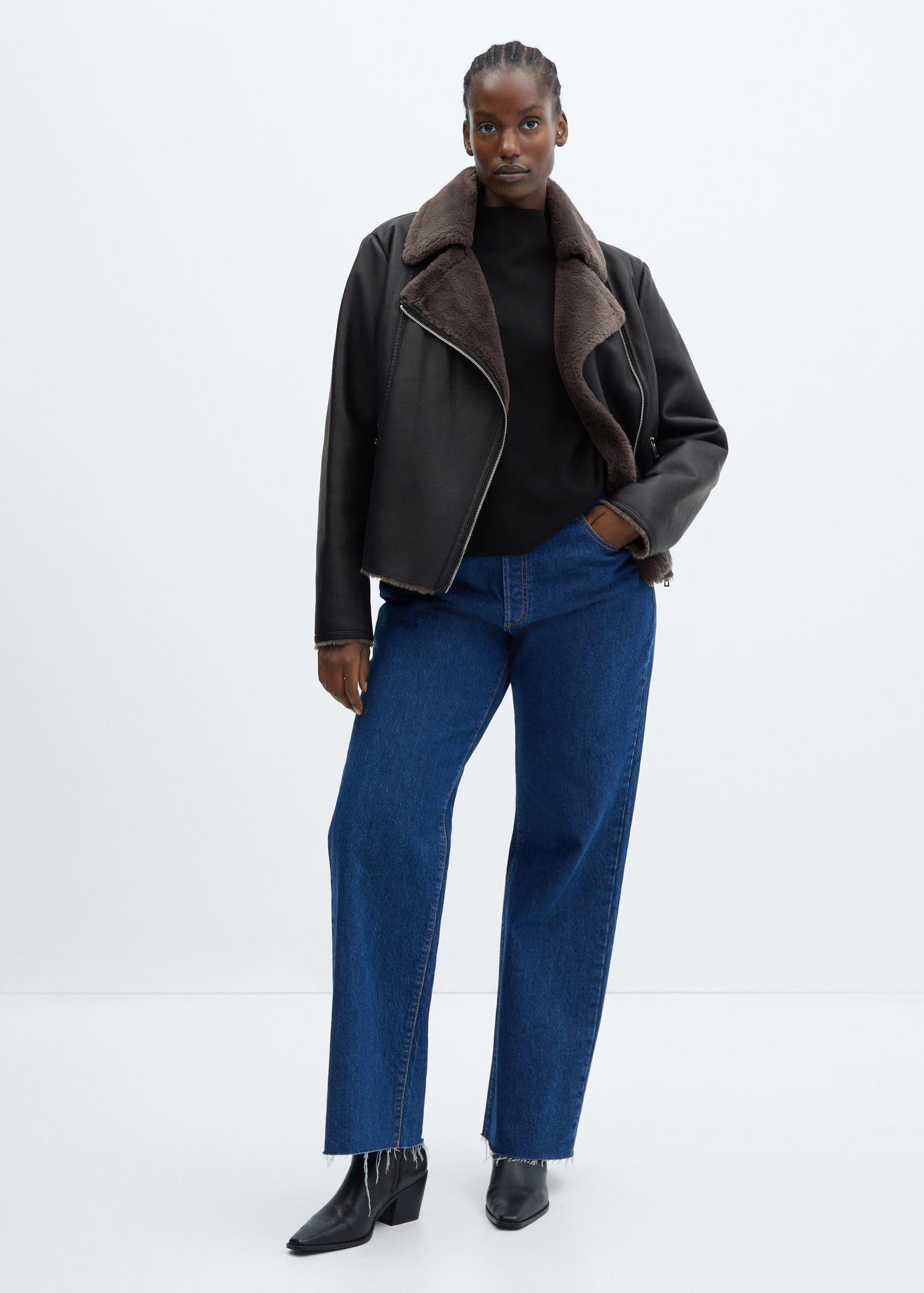 Black Faux Shearling-Lined Jacket, , large image number 5