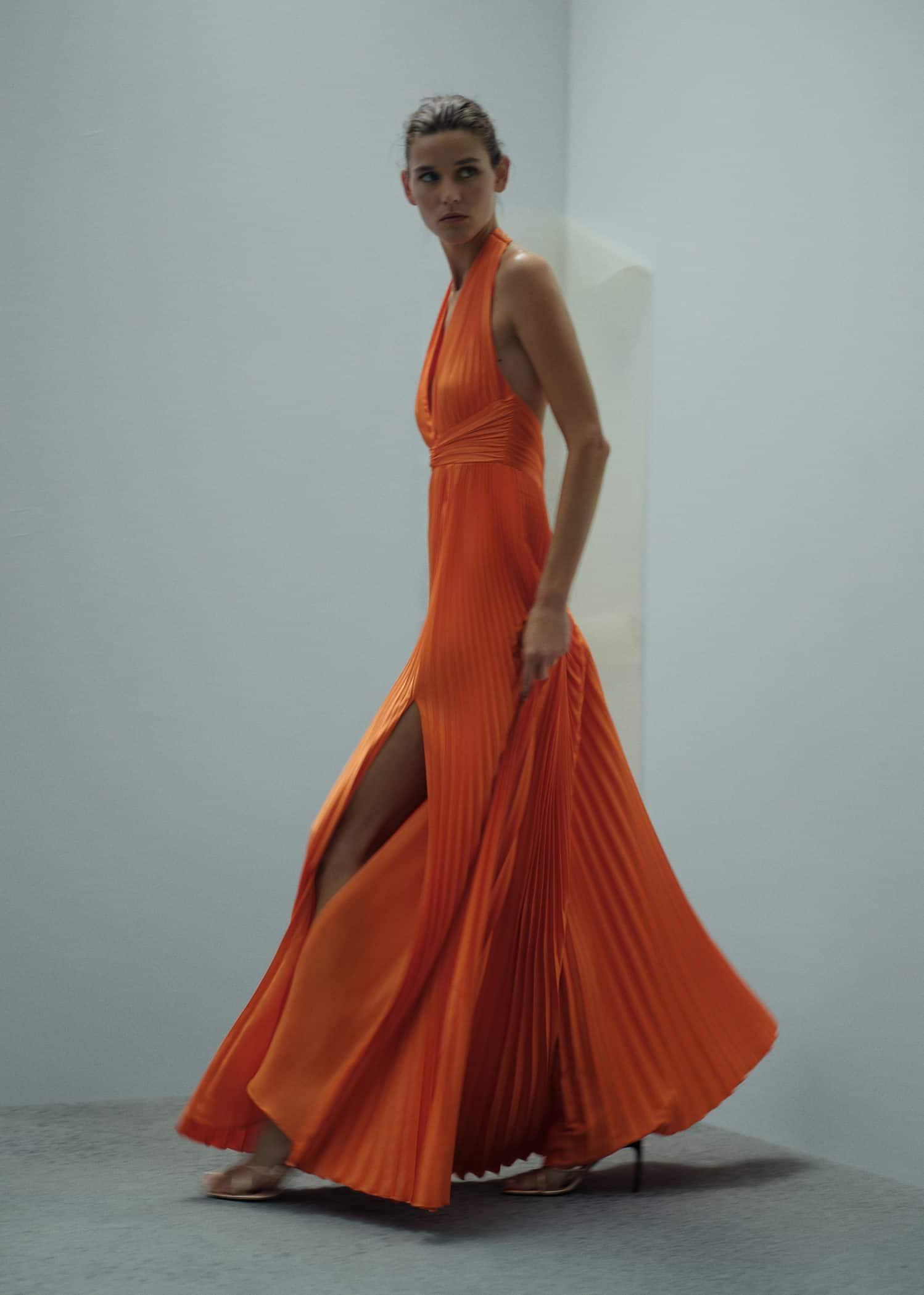 Orange Pleated Dress With Knot Detail