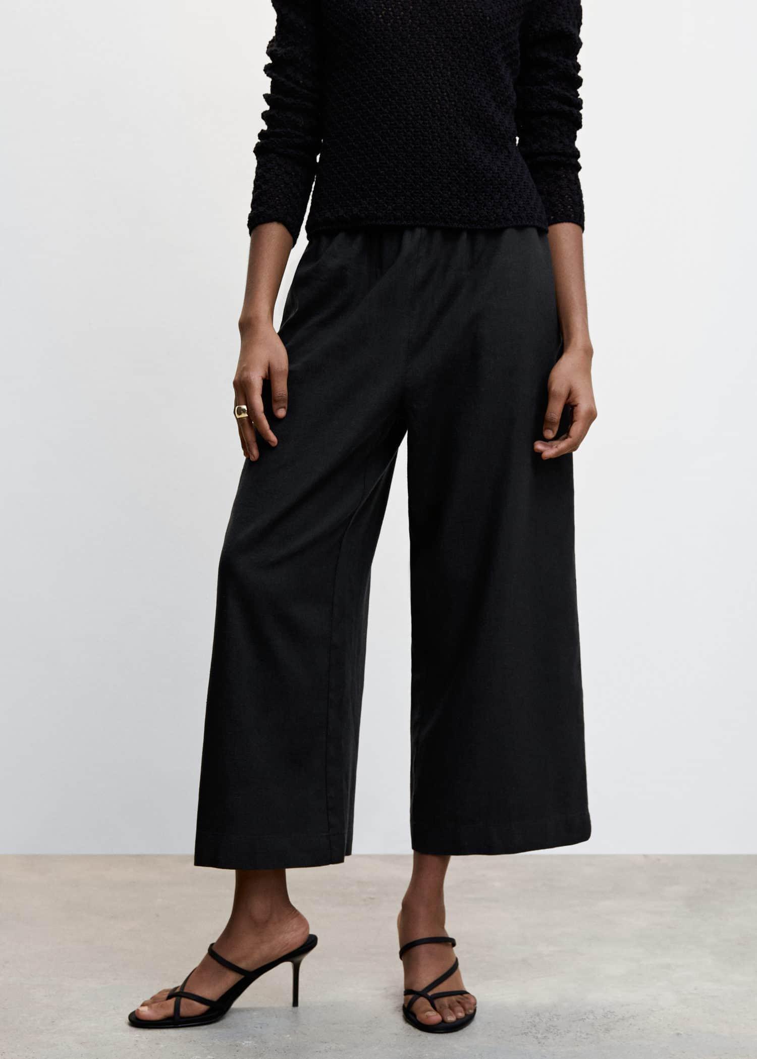 Black Linen-Blend Culotte Trousers, , large image number 0