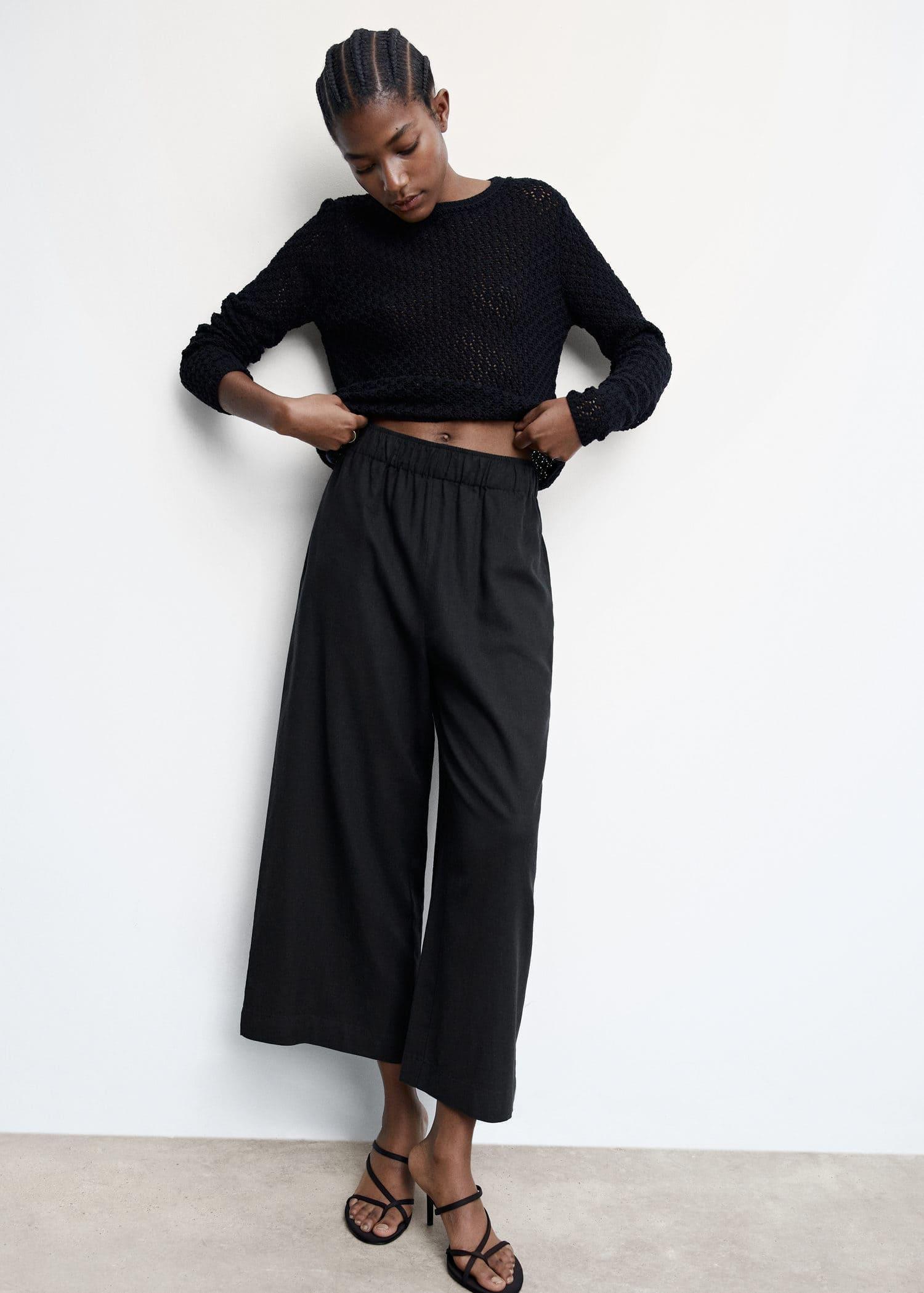 Black Linen-Blend Culotte Trousers, , large image number 2