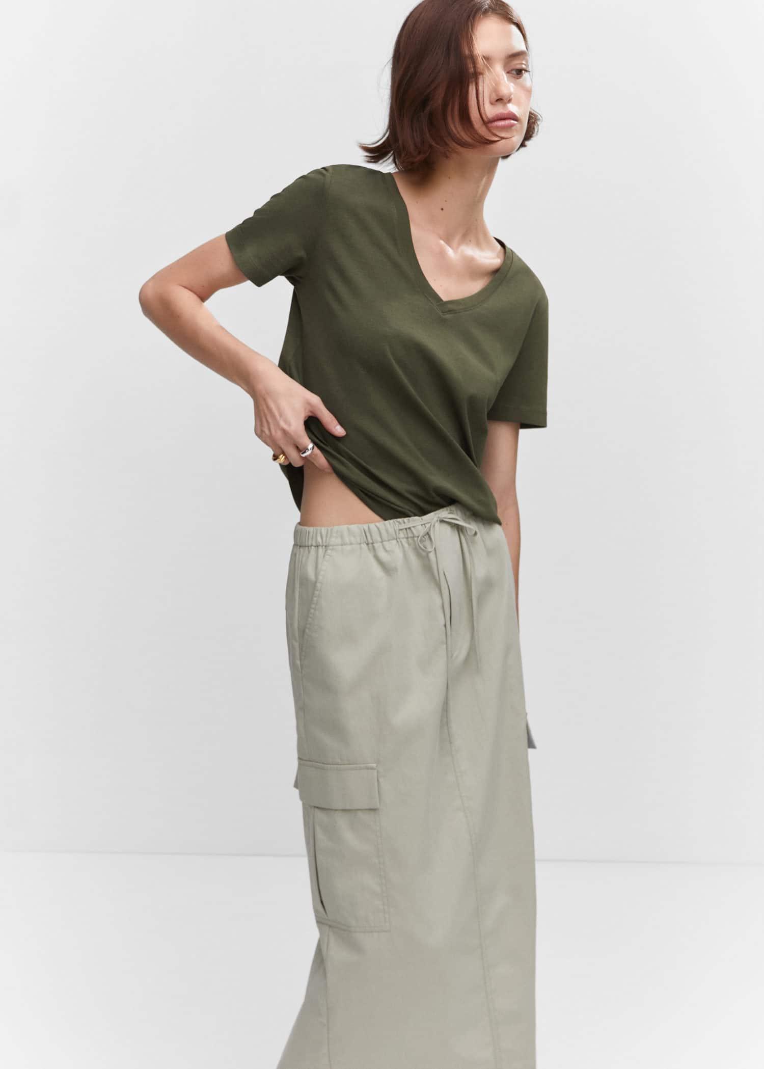 Khaki V-Neck Cotton T-Shirt, , large image number 0