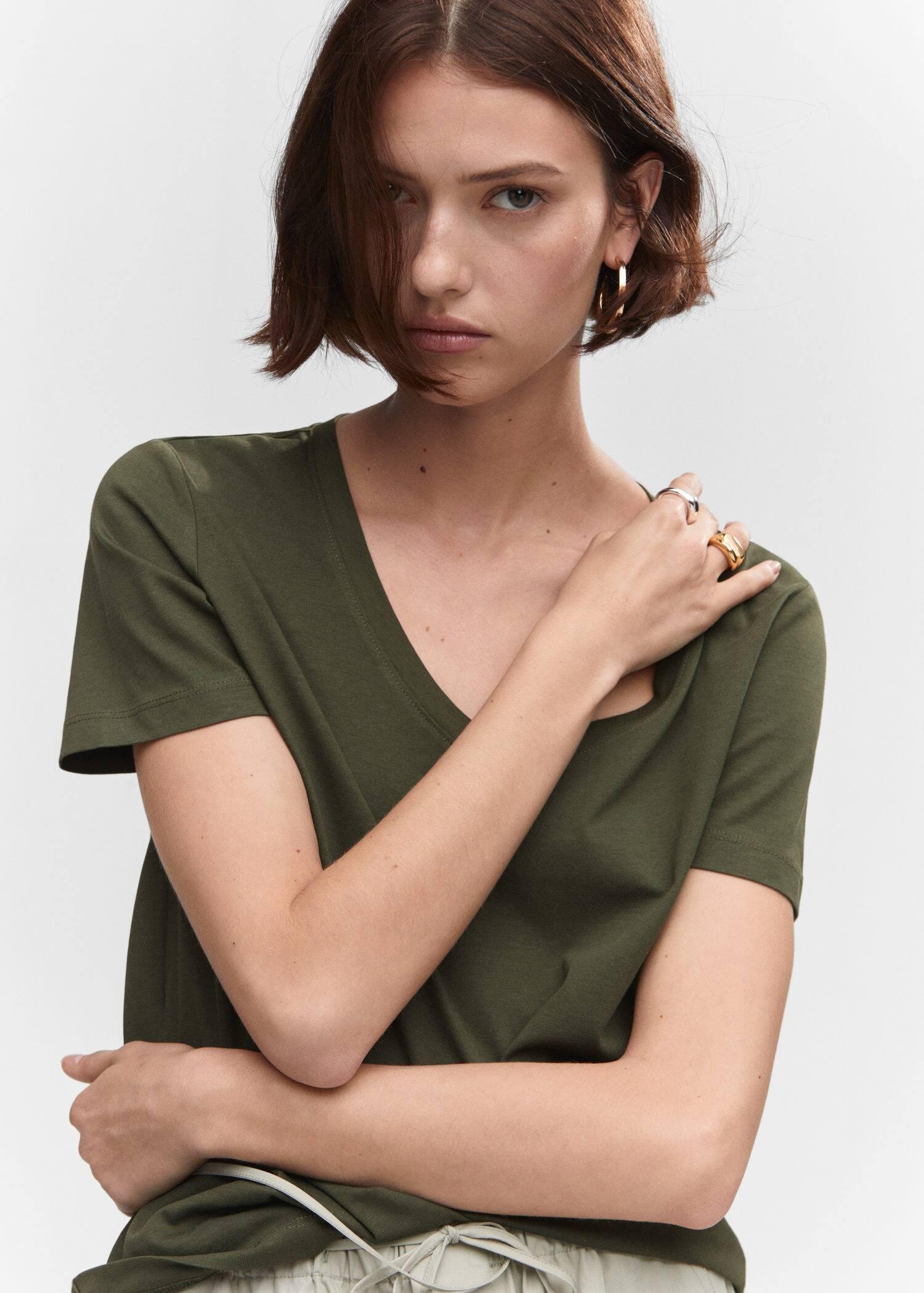 Khaki V-Neck Cotton T-Shirt, , large image number 1