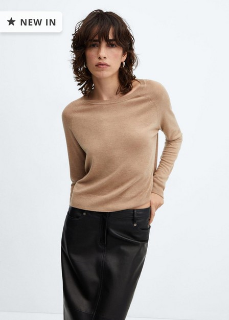 Mango - Brown Fine-Knit Round-Neck Sweater