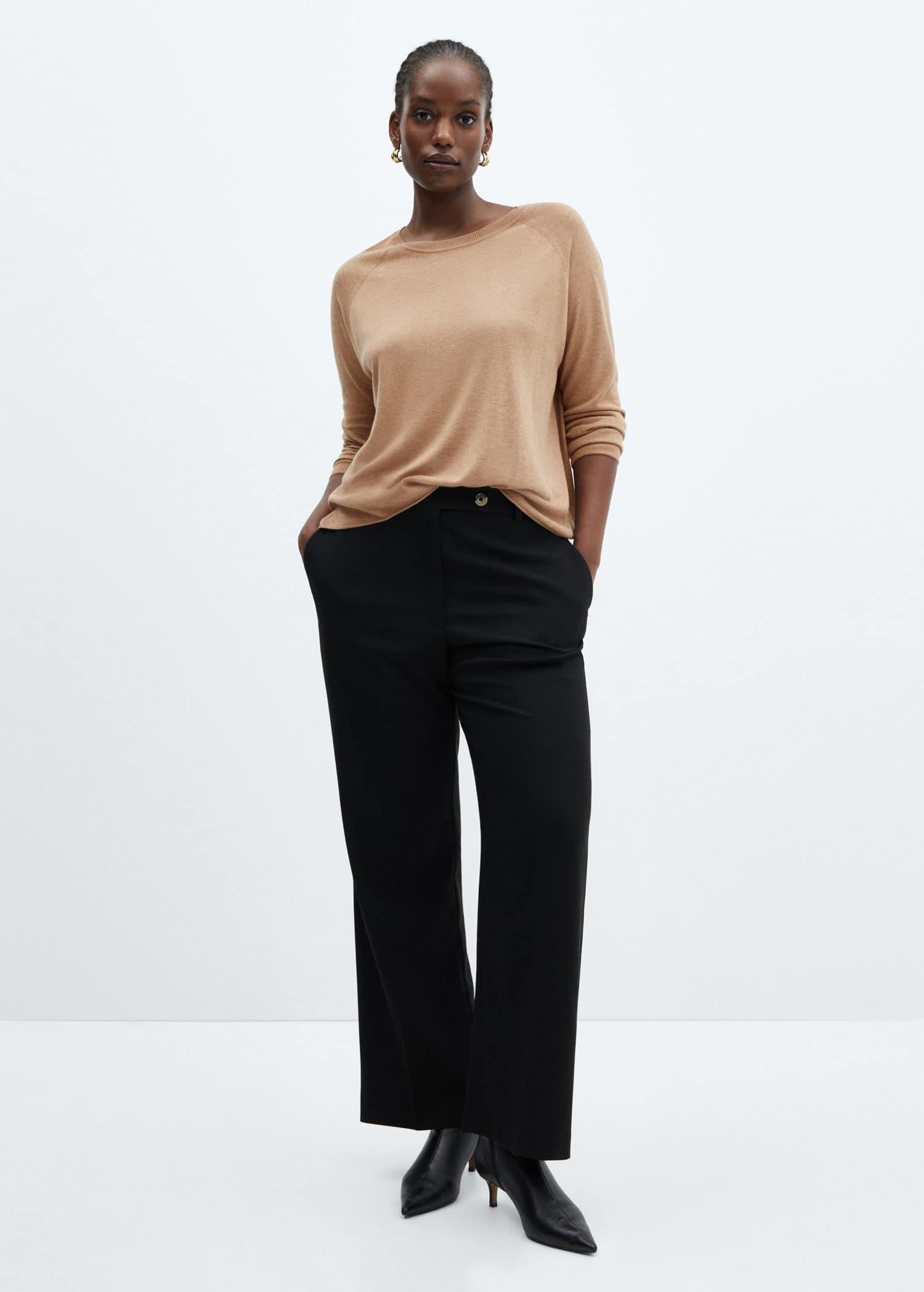 Mango - Brown Fine-Knit Round-Neck Sweater