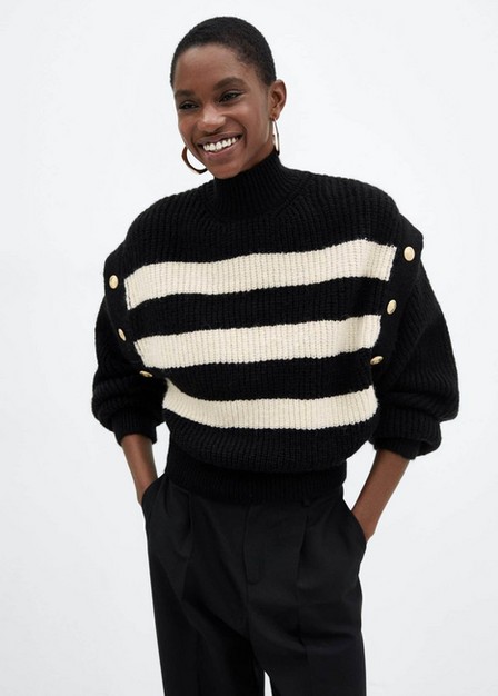 Mango - Black Buttoned Striped Sweater