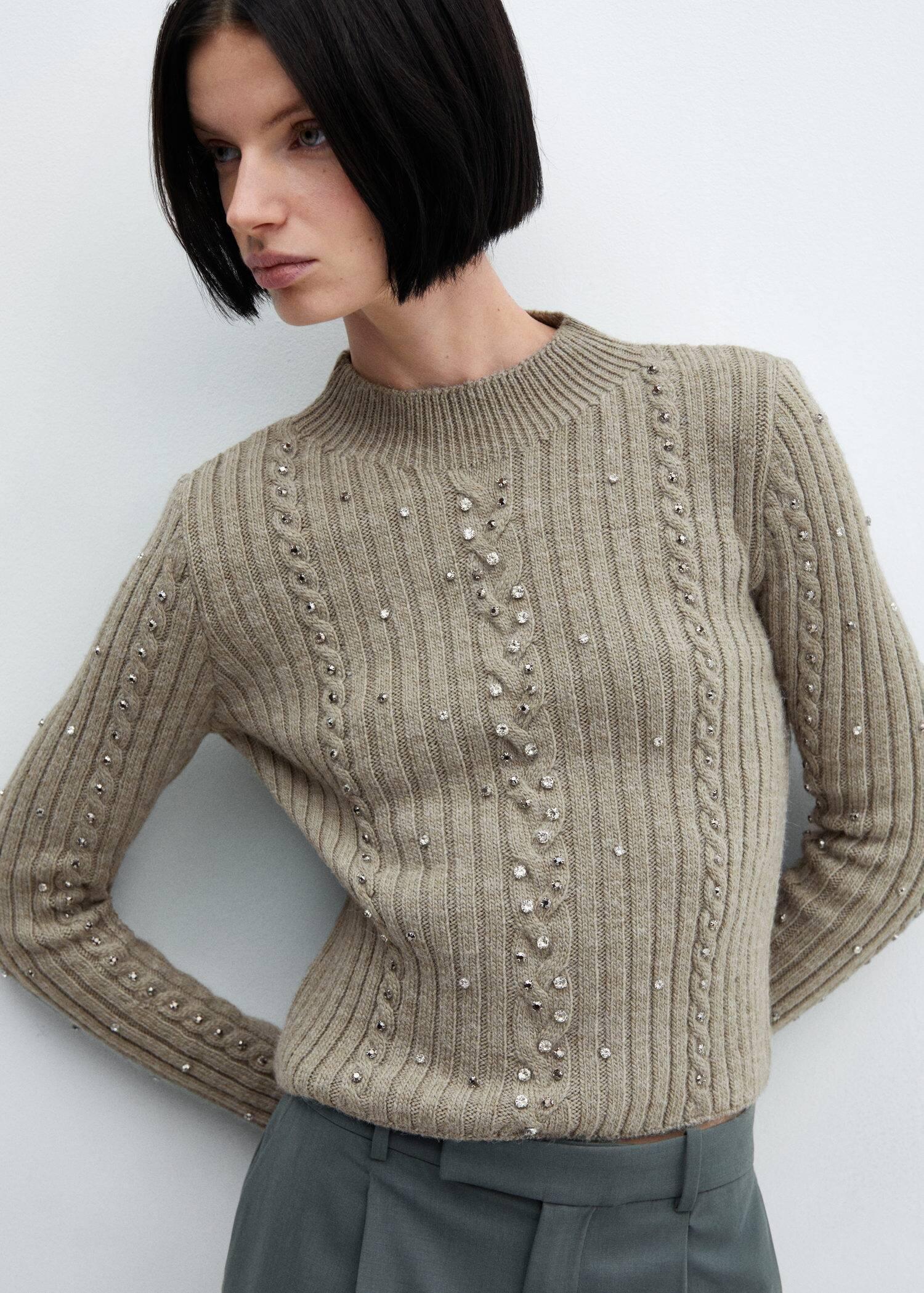 Mango - Beige Rhinestone Detail Ribbed Sweater